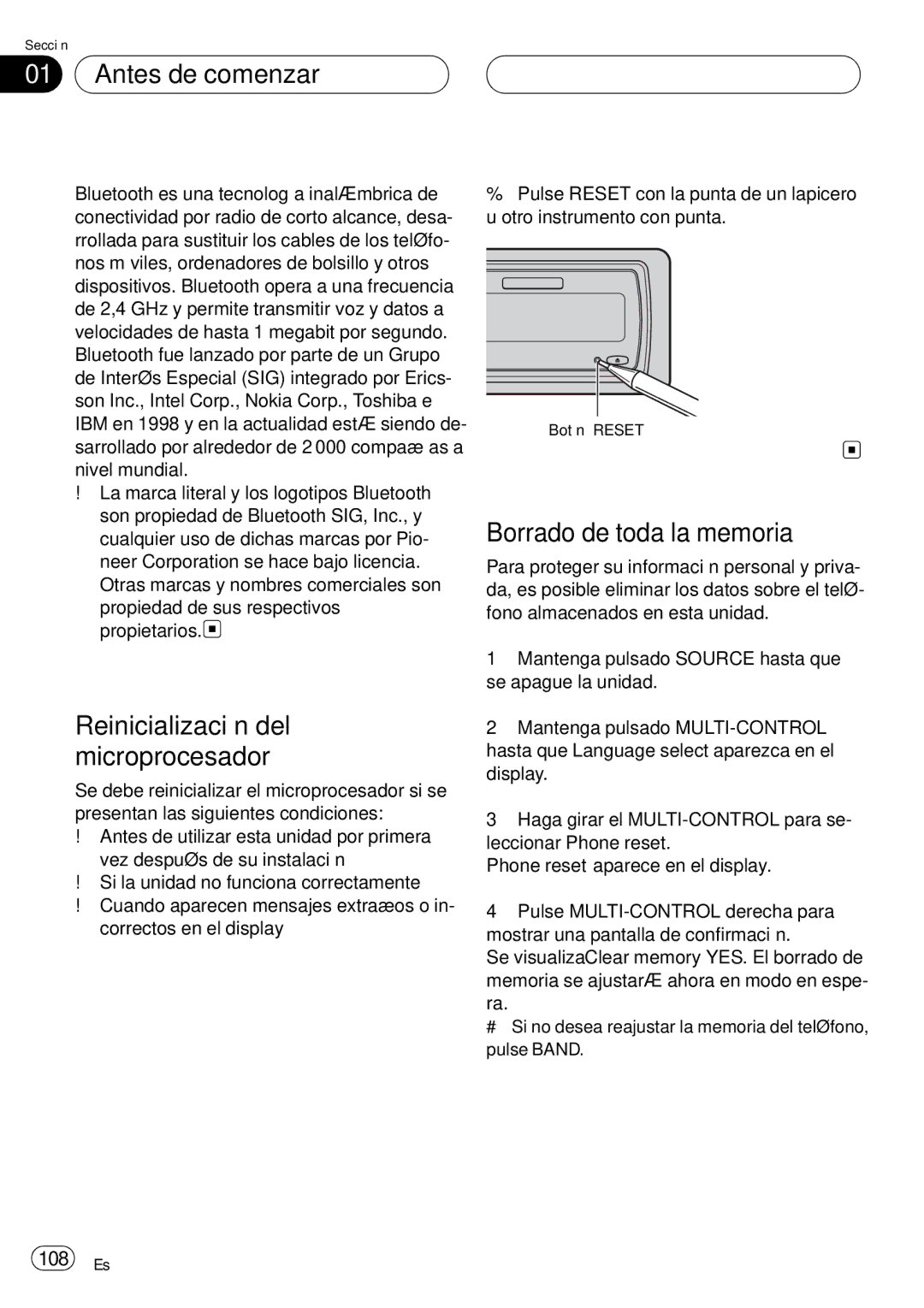 Pioneer DEH-P75BT operation manual Reinicialización del microprocesador, Borrado de toda la memoria, 108 Es 