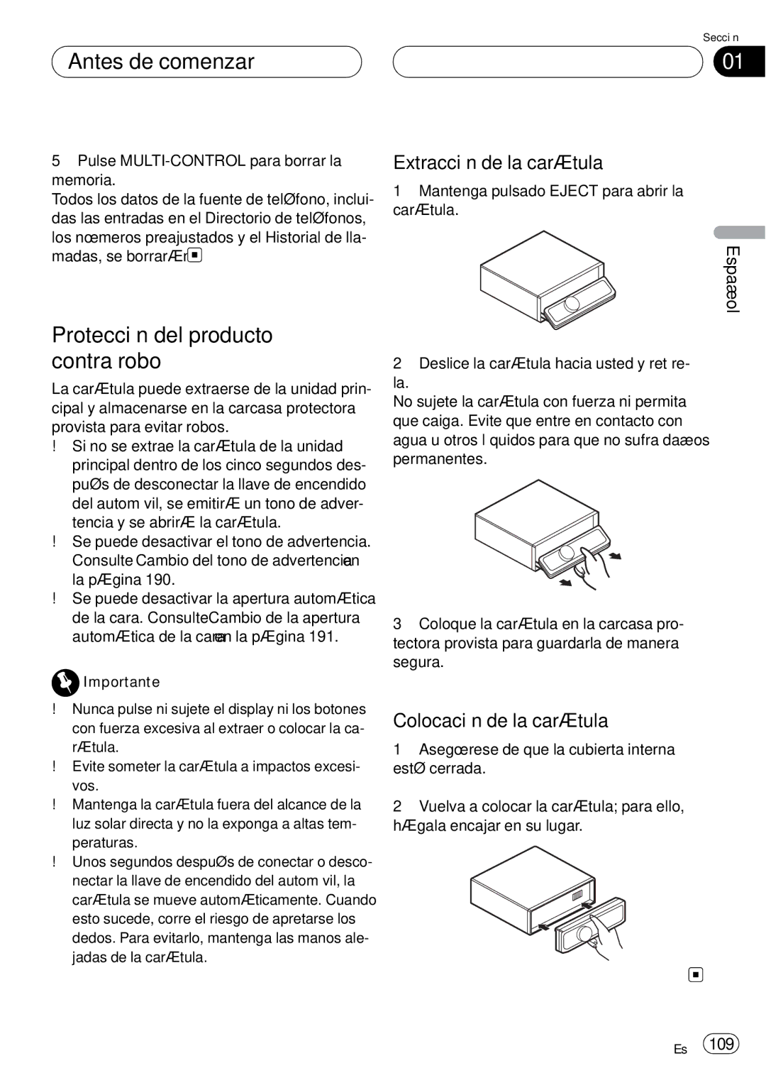 Pioneer DEH-P75BT Protección del producto contra robo, Extracción de la carátula, Colocación de la carátula 