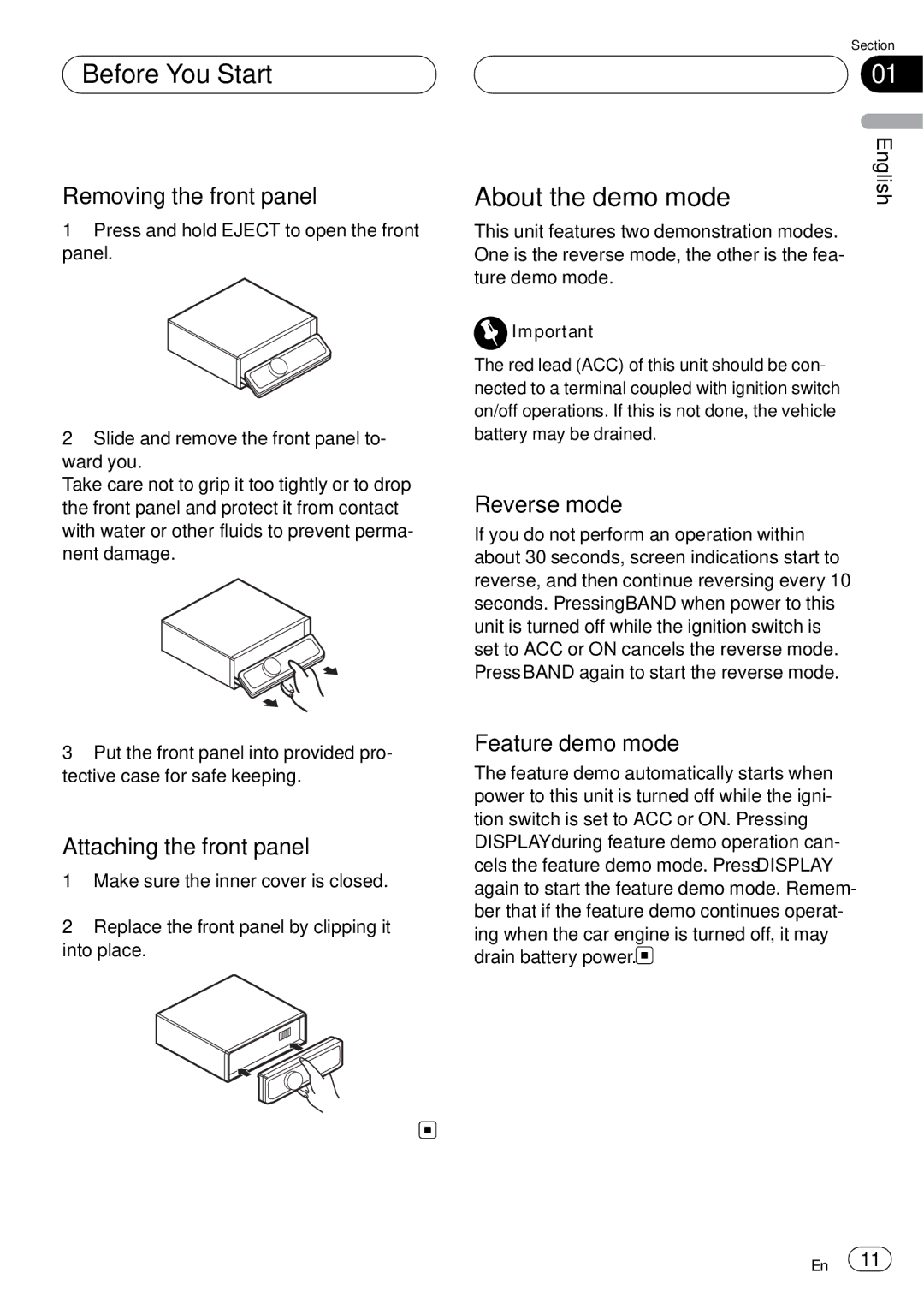 Pioneer DEH-P75BT operation manual About the demo mode, Removing the front panel, Reverse mode, Attaching the front panel 