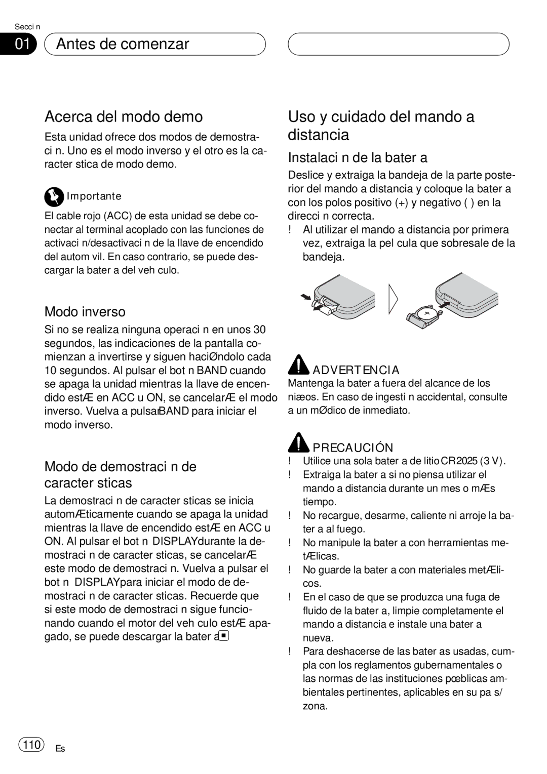 Pioneer DEH-P75BT Antes de comenzar Acerca del modo demo, Uso y cuidado del mando a distancia, Instalación de la batería 