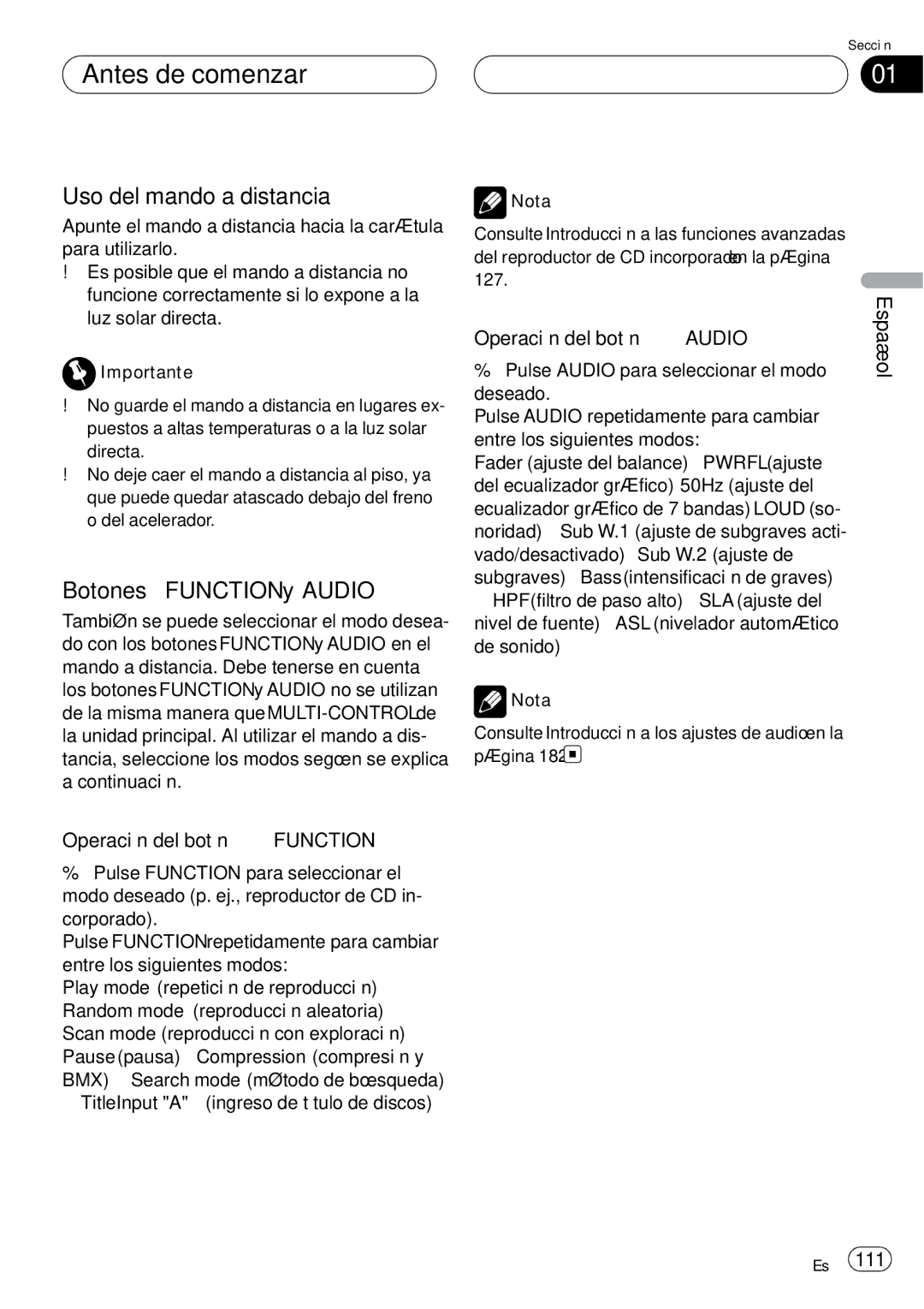 Pioneer DEH-P75BT operation manual Uso del mando a distancia, Botones Function y Audio, Operación del botón Function 