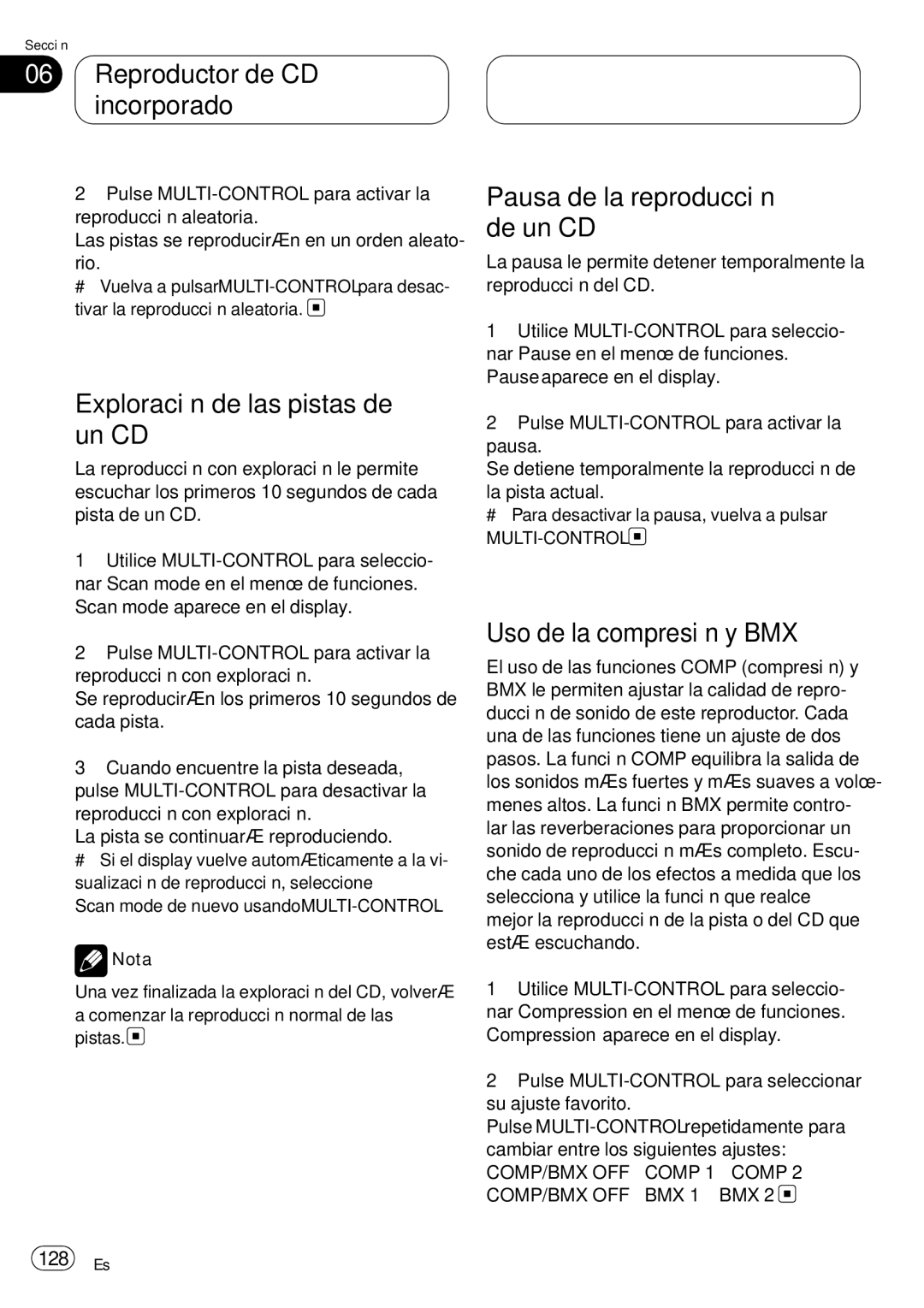 Pioneer DEH-P75BT Reproductor de CD incorporado, Exploración de las pistas de un CD, Pausa de la reproducción de un CD 