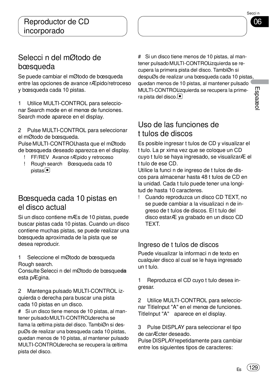 Pioneer DEH-P75BT operation manual Búsqueda cada 10 pistas en el disco actual, Uso de las funciones de títulos de discos 