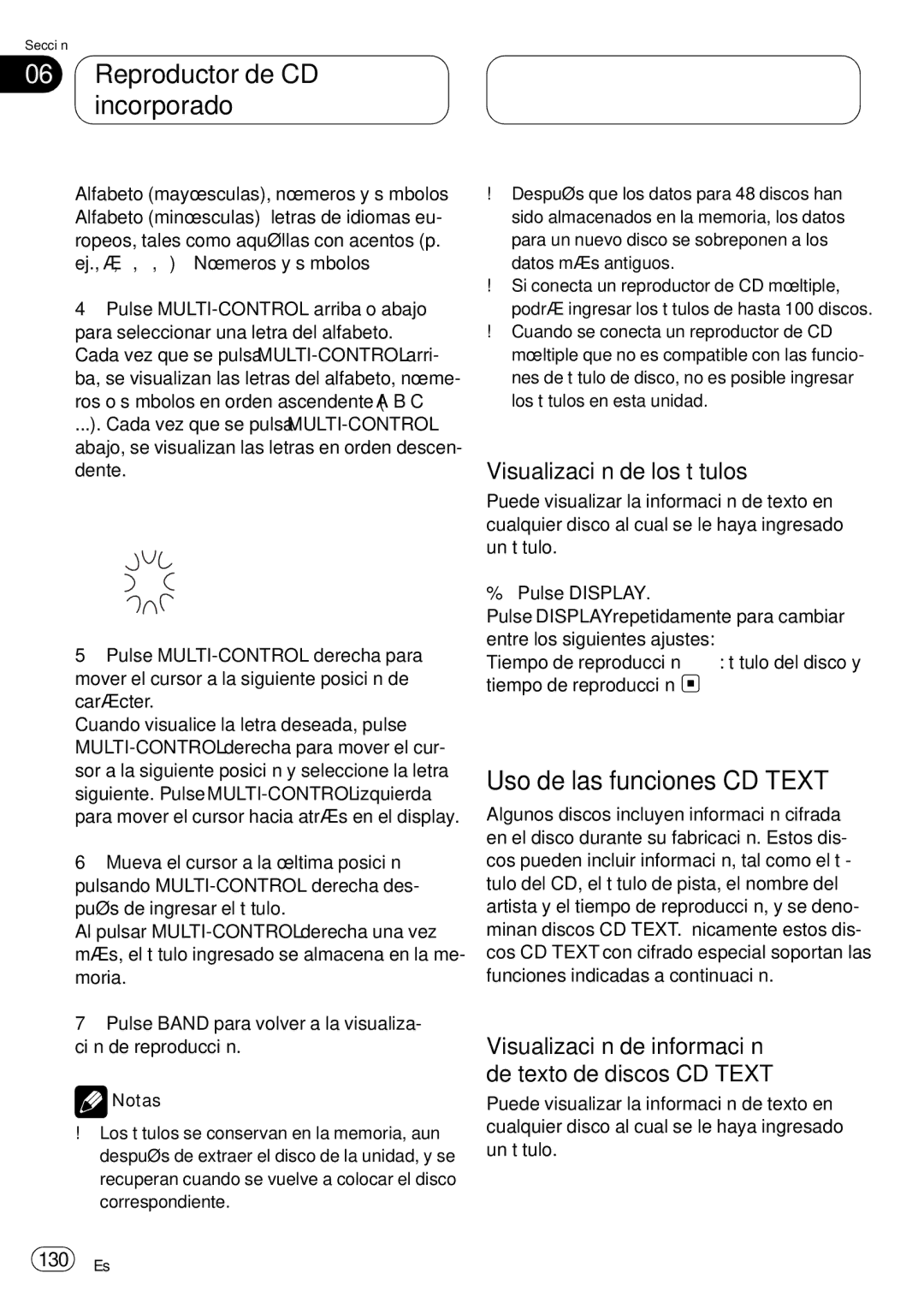 Pioneer DEH-P75BT operation manual Uso de las funciones CD Text, Visualización de los títulos, 130 Es 