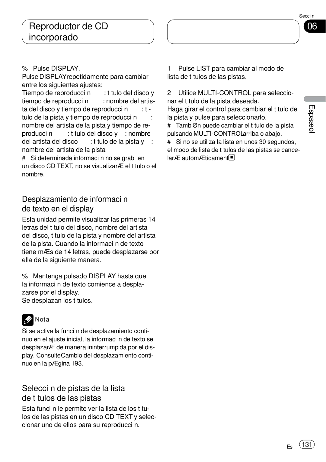 Pioneer DEH-P75BT operation manual Desplazamiento de información de texto en el display 