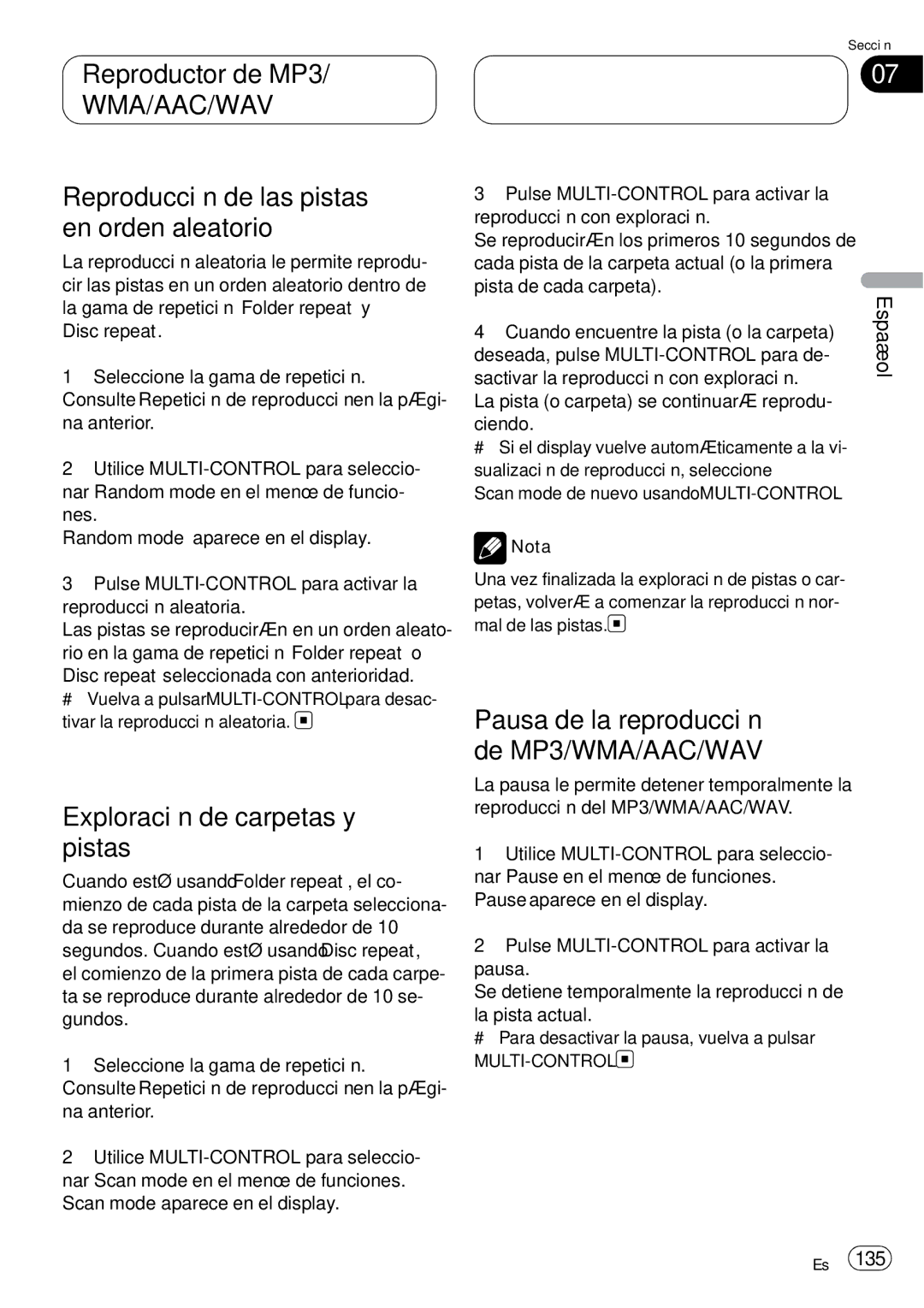 Pioneer DEH-P75BT operation manual Exploración de carpetas y pistas, Pausa de la reproducción de MP3/WMA/AAC/WAV 