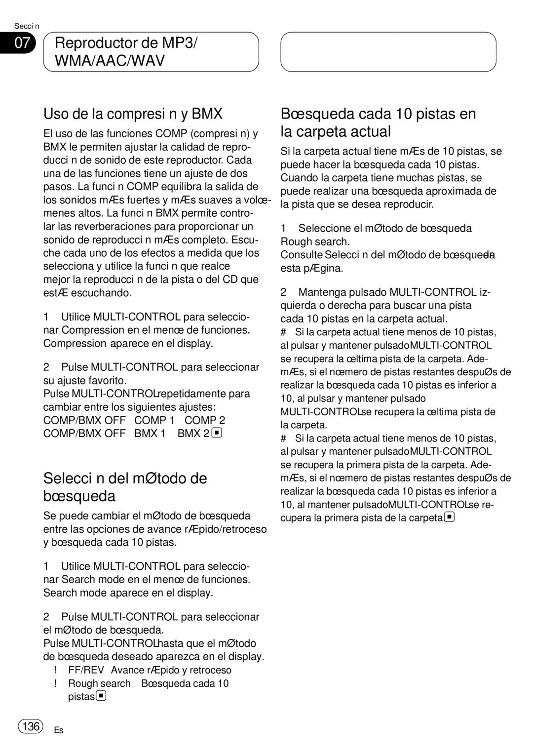 Pioneer DEH-P75BT operation manual Búsqueda cada 10 pistas en la carpeta actual, 136 Es 