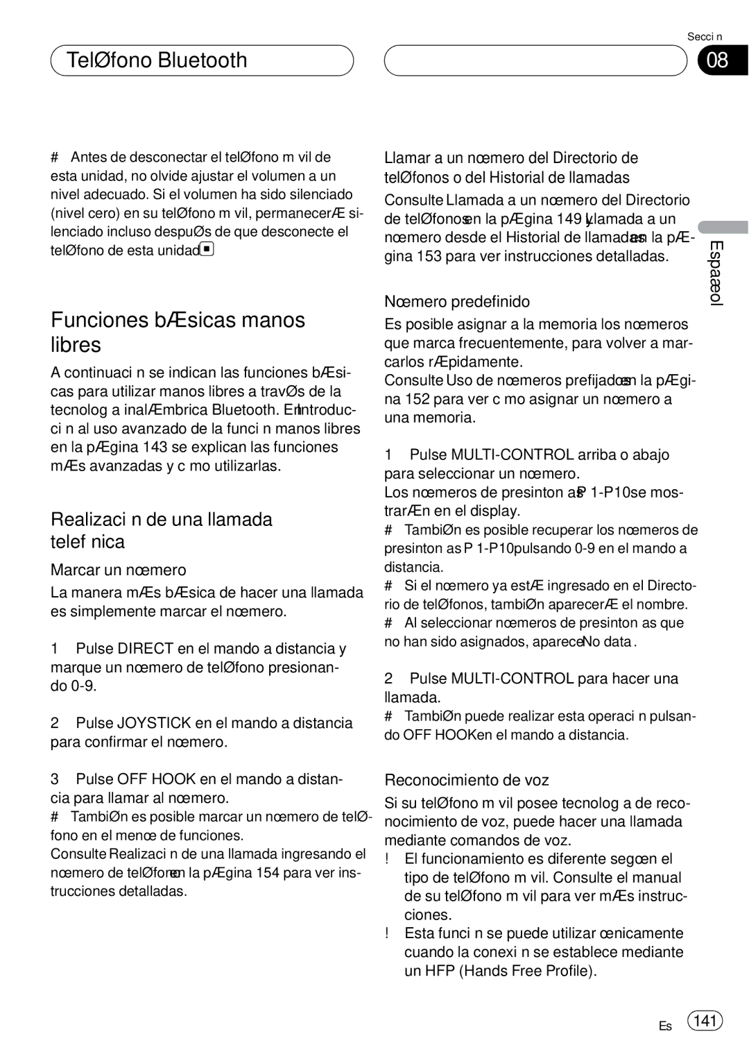 Pioneer DEH-P75BT operation manual Funciones básicas manos libres, Realización de una llamada telefónica, Marcar un número 