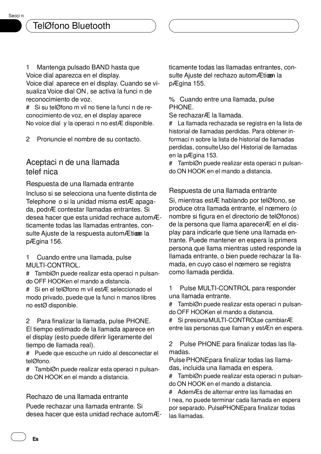 Pioneer DEH-P75BT Aceptación de una llamada telefónica, Respuesta de una llamada entrante, Rechazo de una llamada entrante 