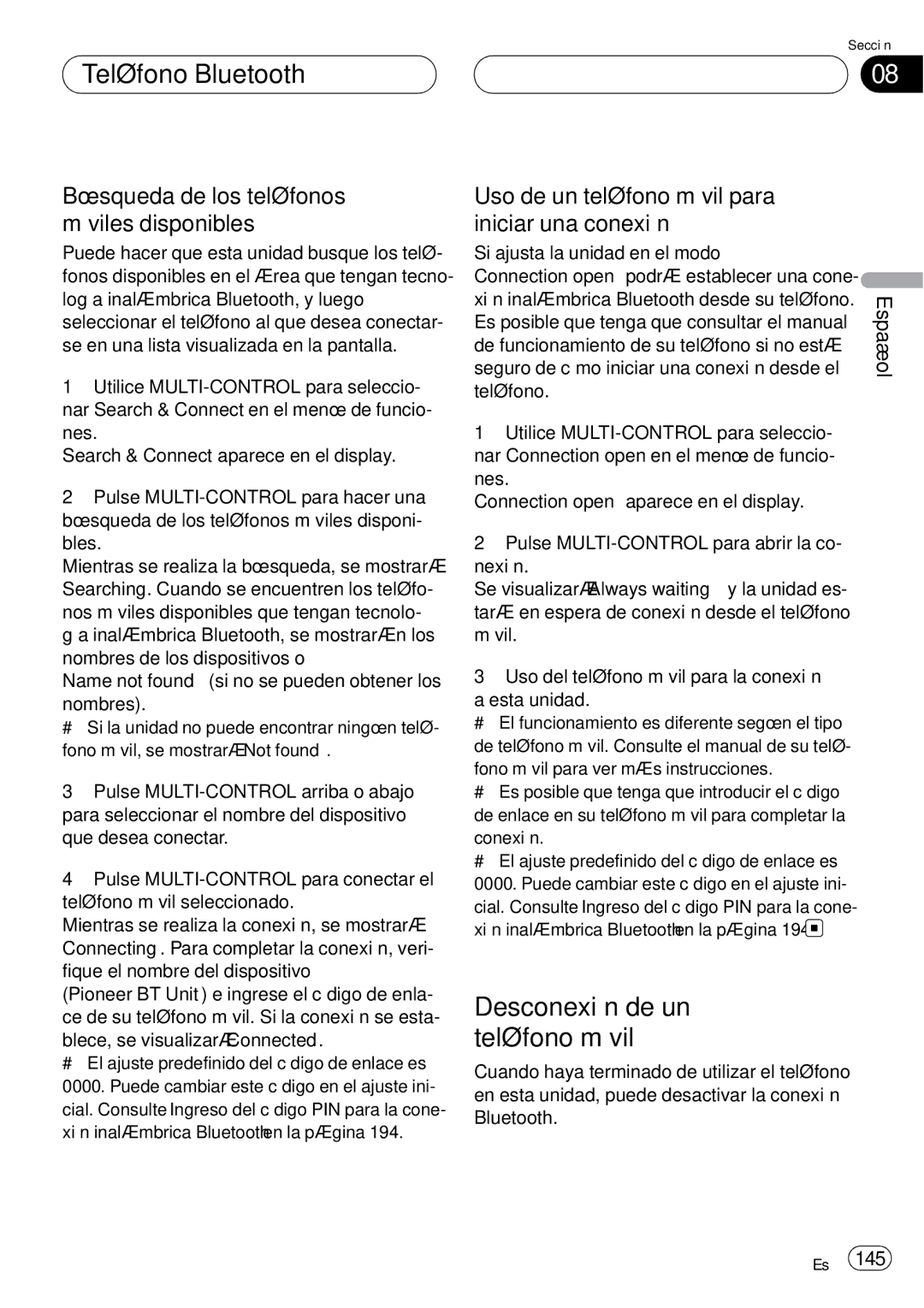 Pioneer DEH-P75BT Búsqueda de los teléfonos móviles disponibles, Uso de un teléfono móvil para iniciar una conexión 