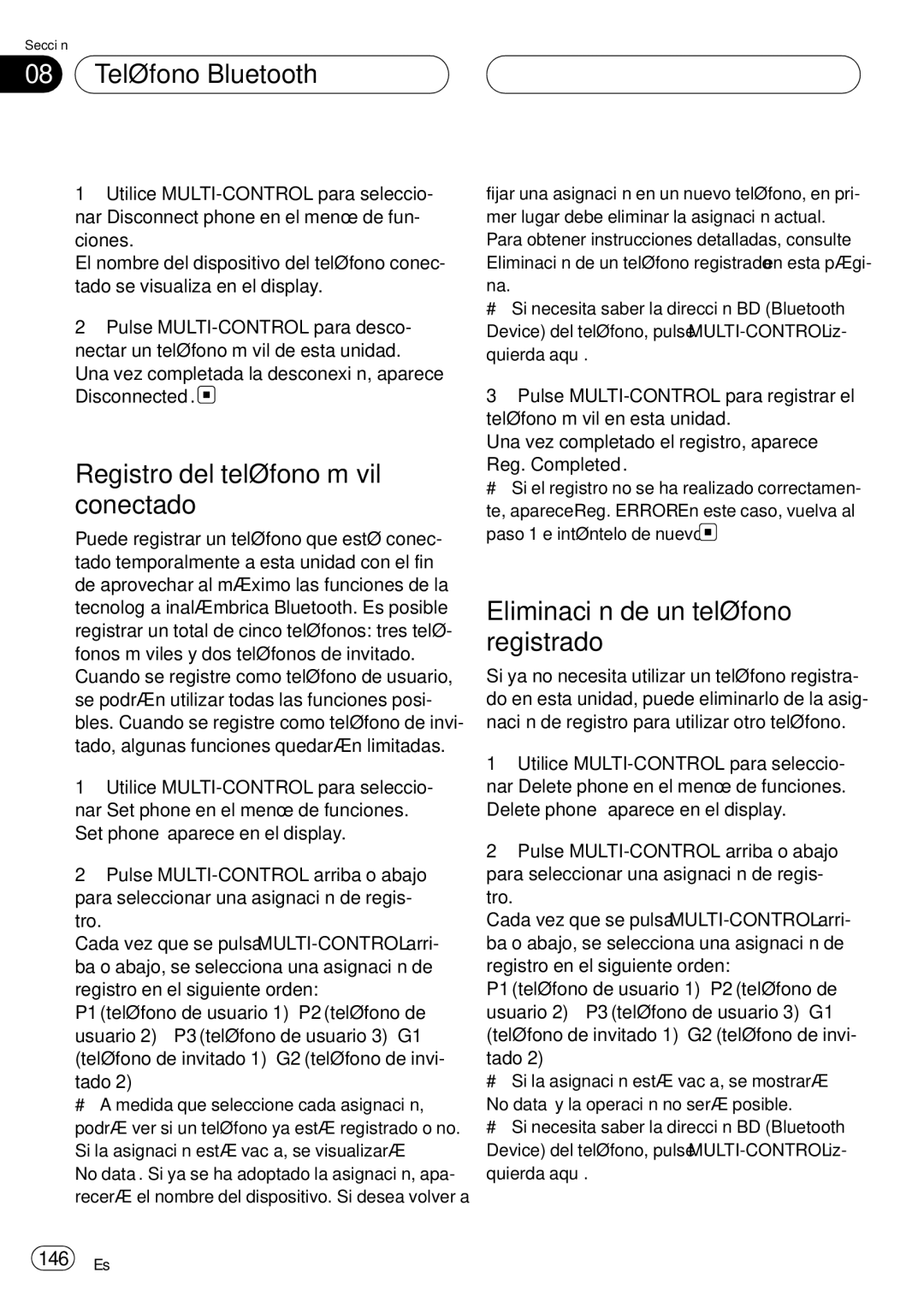 Pioneer DEH-P75BT 08 Teléfono Bluetooth, Registro del teléfono móvil conectado, Eliminación de un teléfono registrado 