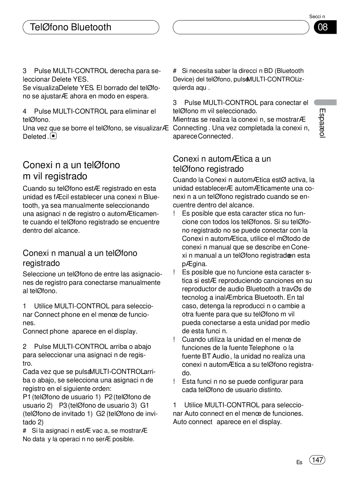 Pioneer DEH-P75BT operation manual Conexión a un teléfono móvil registrado, Conexión manual a un teléfono registrado 