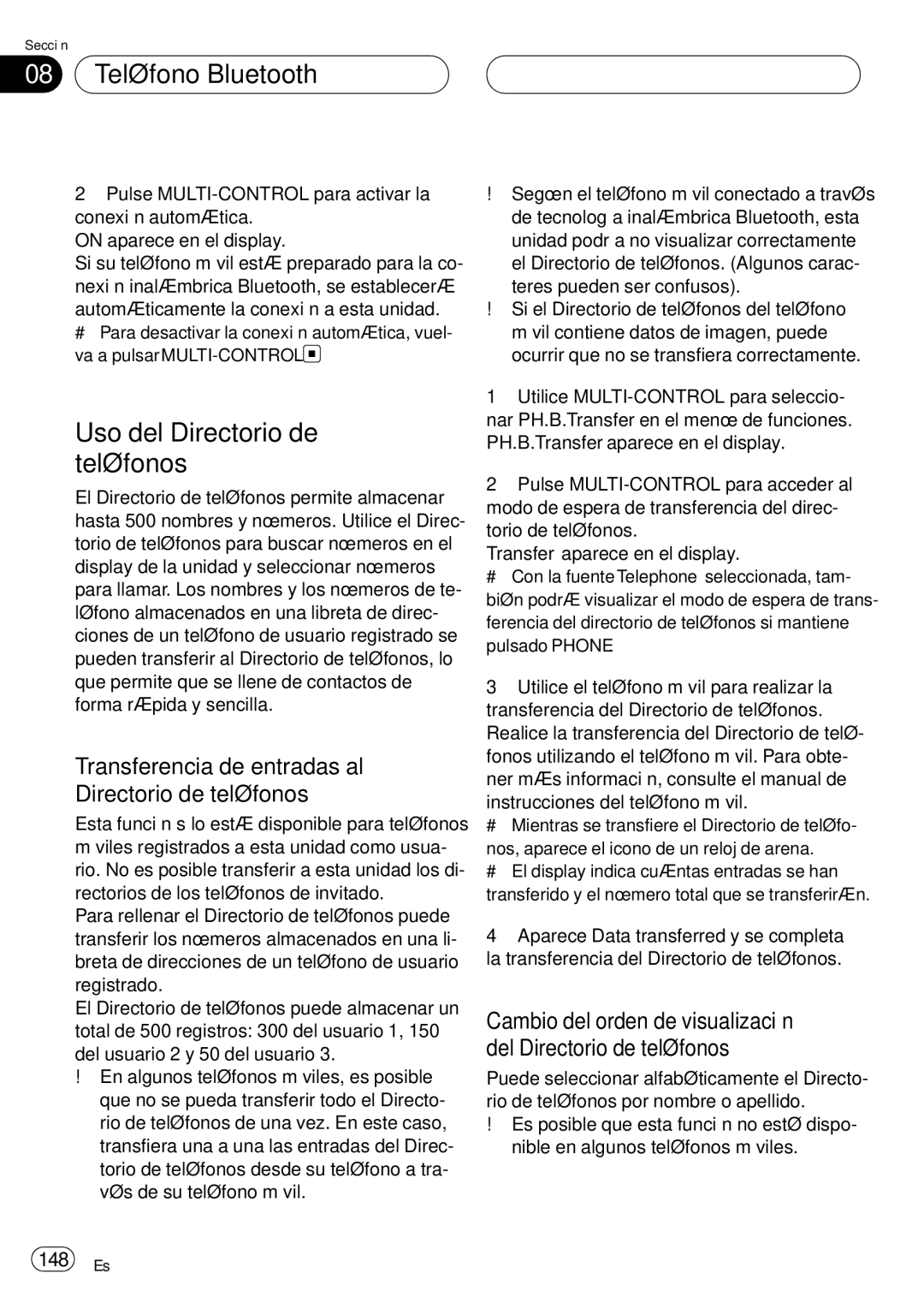 Pioneer DEH-P75BT Uso del Directorio de teléfonos, Transferencia de entradas al Directorio de teléfonos, 148 Es 