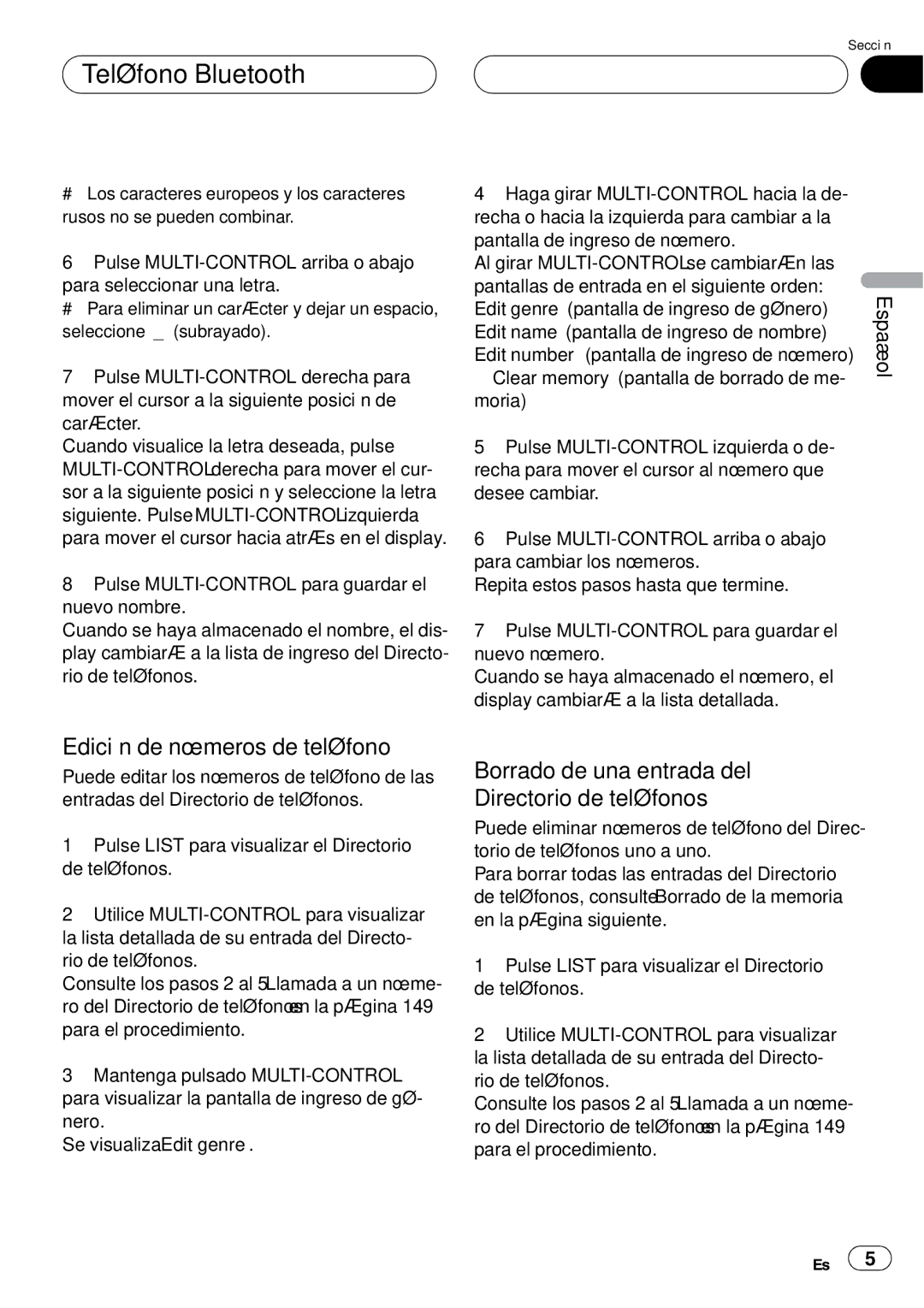 Pioneer DEH-P75BT operation manual Edición de números de teléfono, Borrado de una entrada del Directorio de teléfonos 