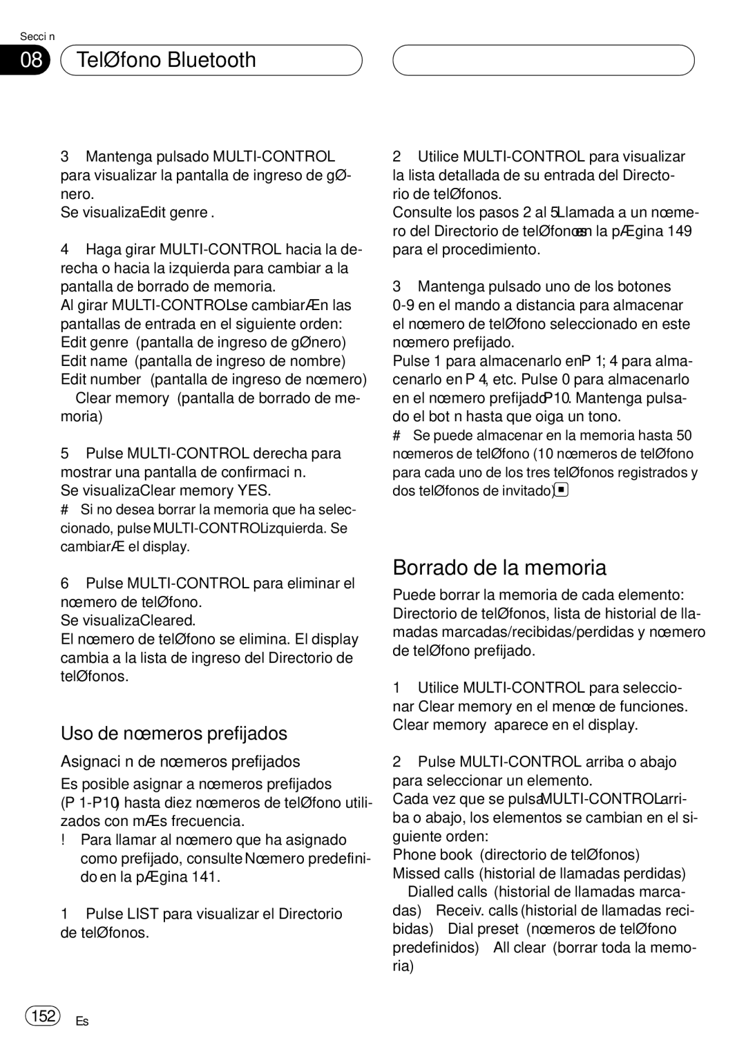 Pioneer DEH-P75BT Borrado de la memoria, Uso de números prefijados, Asignación de números prefijados, 152 Es 