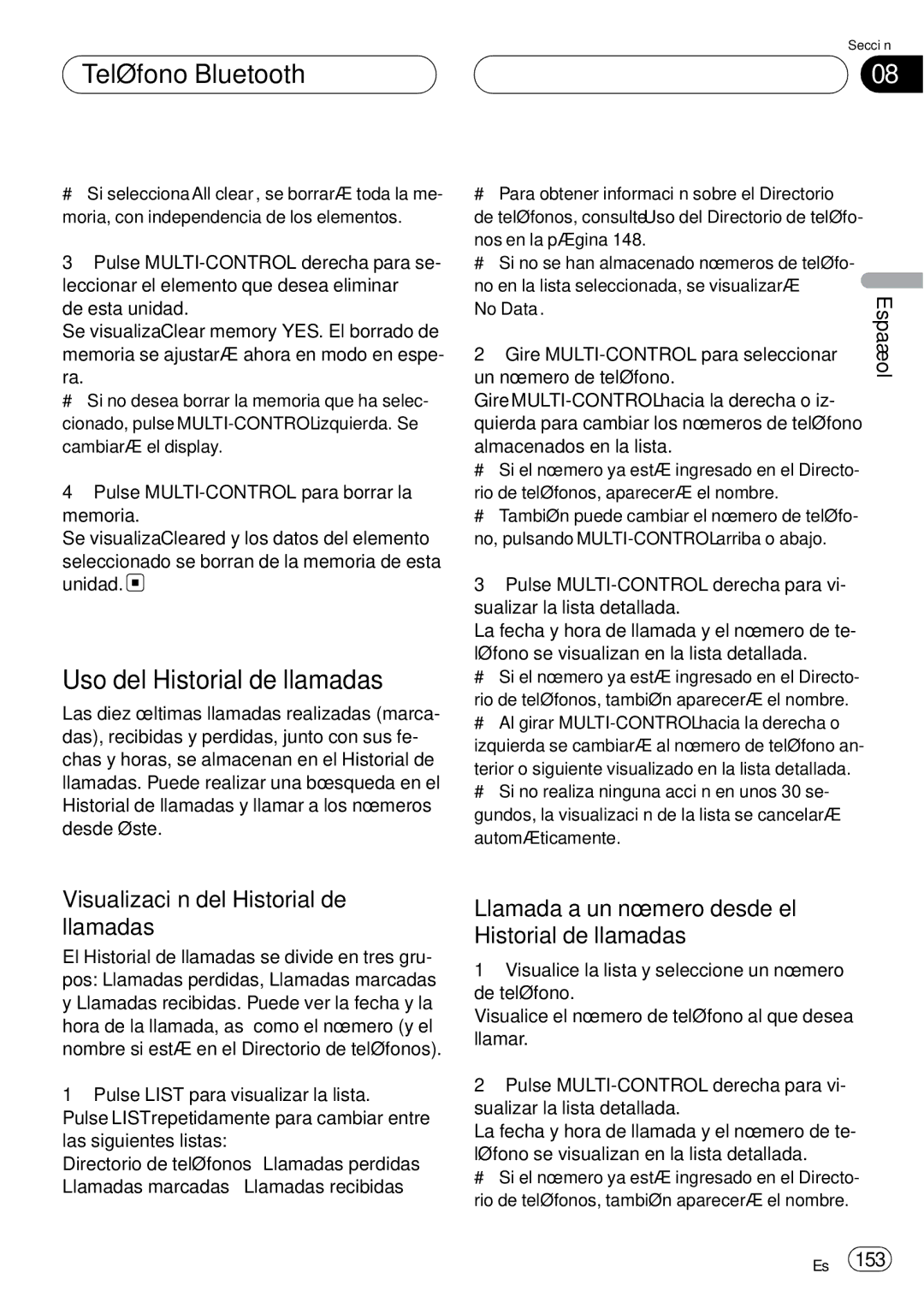 Pioneer DEH-P75BT operation manual Uso del Historial de llamadas, Visualización del Historial de llamadas 