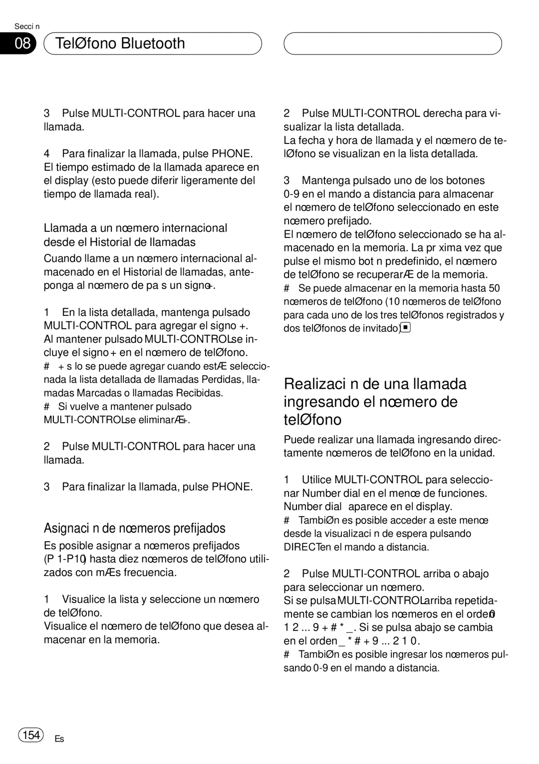 Pioneer DEH-P75BT Realización de una llamada ingresando el número de teléfono, Asignación de números prefijados, 154 Es 