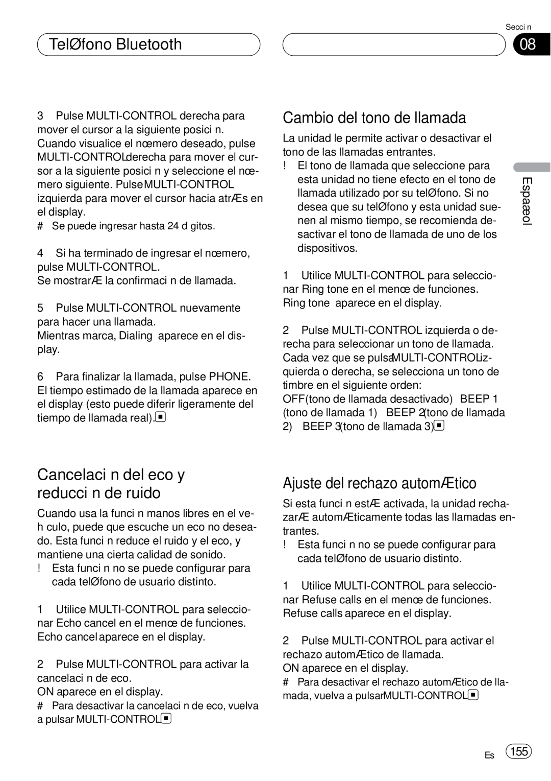 Pioneer DEH-P75BT operation manual Cambio del tono de llamada, Ajuste del rechazo automático 