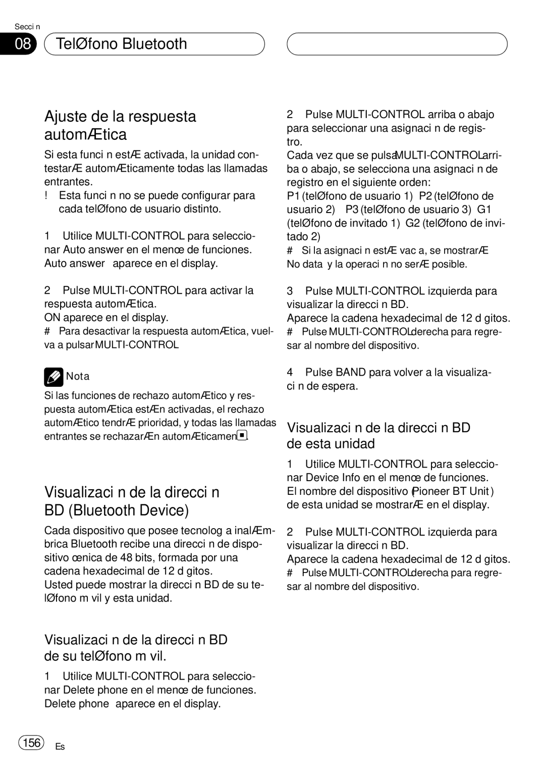 Pioneer DEH-P75BT Teléfono Bluetooth Ajuste de la respuesta automática, Visualización de la dirección BD Bluetooth Device 