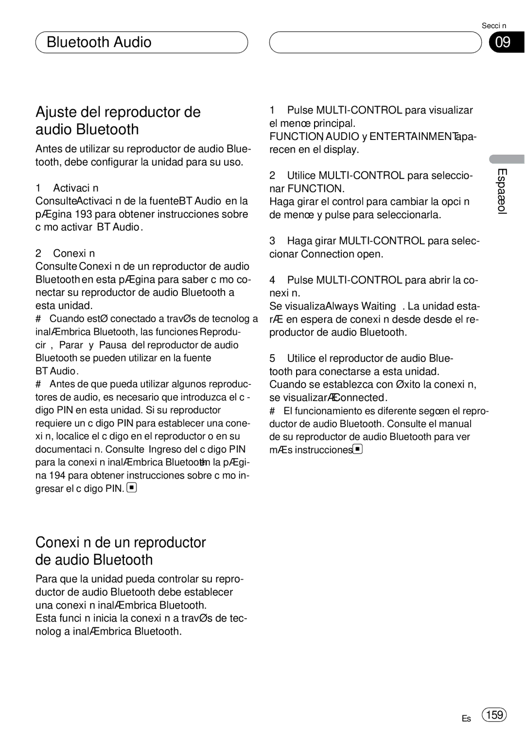 Pioneer DEH-P75BT Bluetooth Audio Ajuste del reproductor de audio Bluetooth, Conexión de un reproductor de audio Bluetooth 