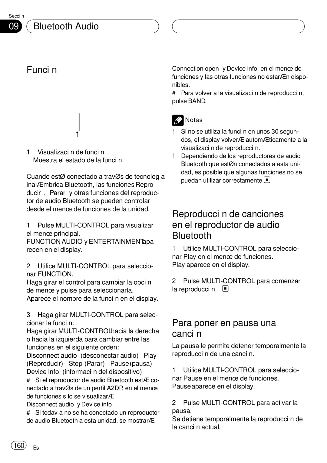 Pioneer DEH-P75BT operation manual Bluetooth Audio Función, Para poner en pausa una canción, 160 Es 