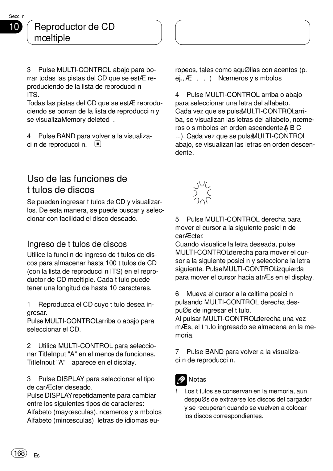 Pioneer DEH-P75BT operation manual Uso de las funciones de títulos de discos, 168 Es 