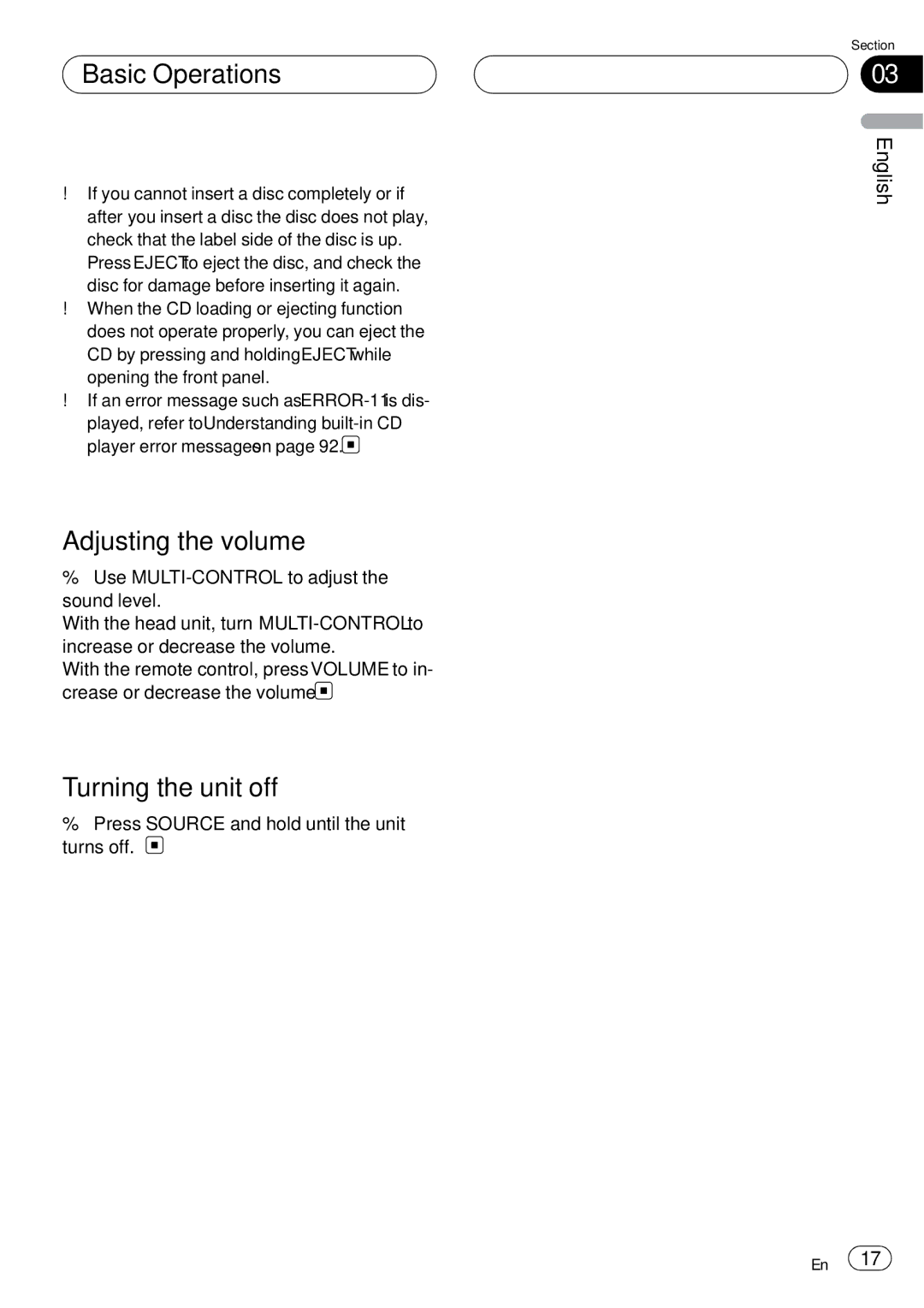 Pioneer DEH-P75BT operation manual Basic Operations, Adjusting the volume, Turning the unit off 