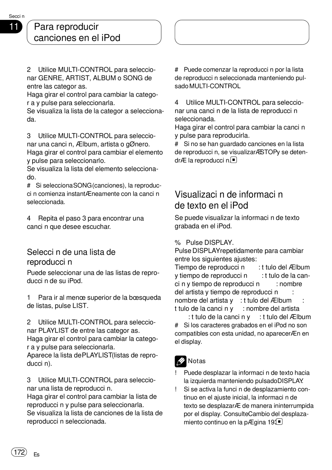 Pioneer DEH-P75BT Para reproducir canciones en el iPod, Visualización de información de texto en el iPod, 172 Es 