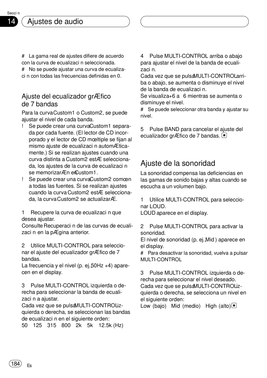 Pioneer DEH-P75BT operation manual Ajuste de la sonoridad, Ajuste del ecualizador gráfico de 7 bandas, 184 Es 