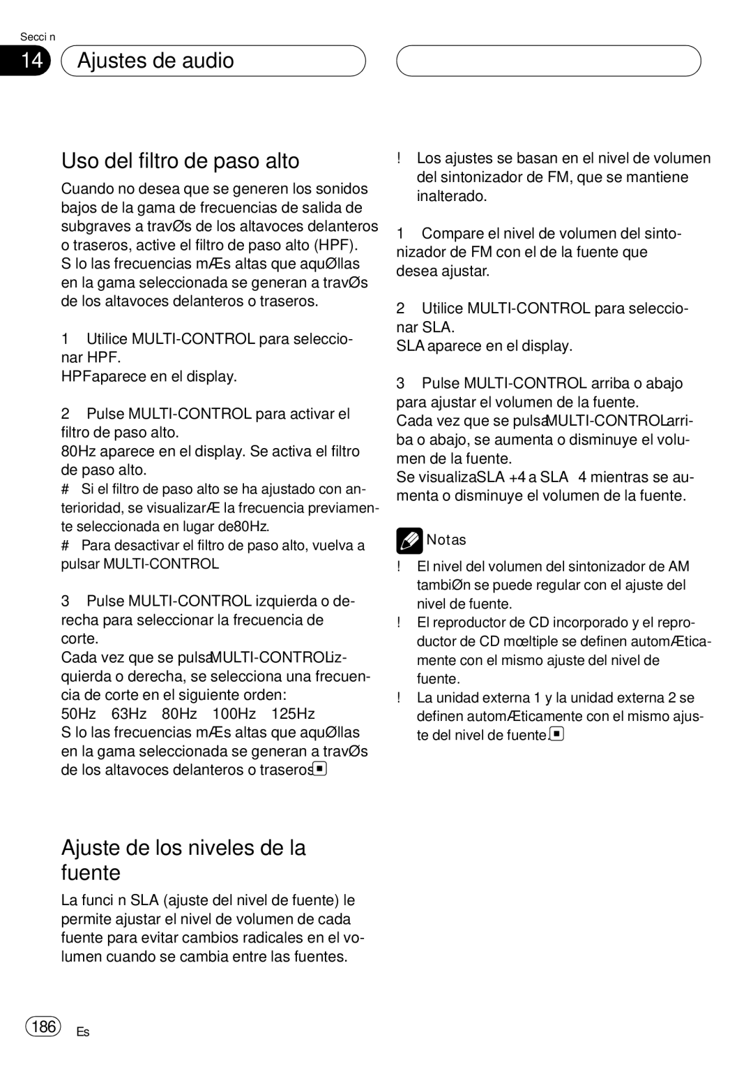 Pioneer DEH-P75BT operation manual Ajustes de audio Uso del filtro de paso alto, Ajuste de los niveles de la fuente, 186 Es 