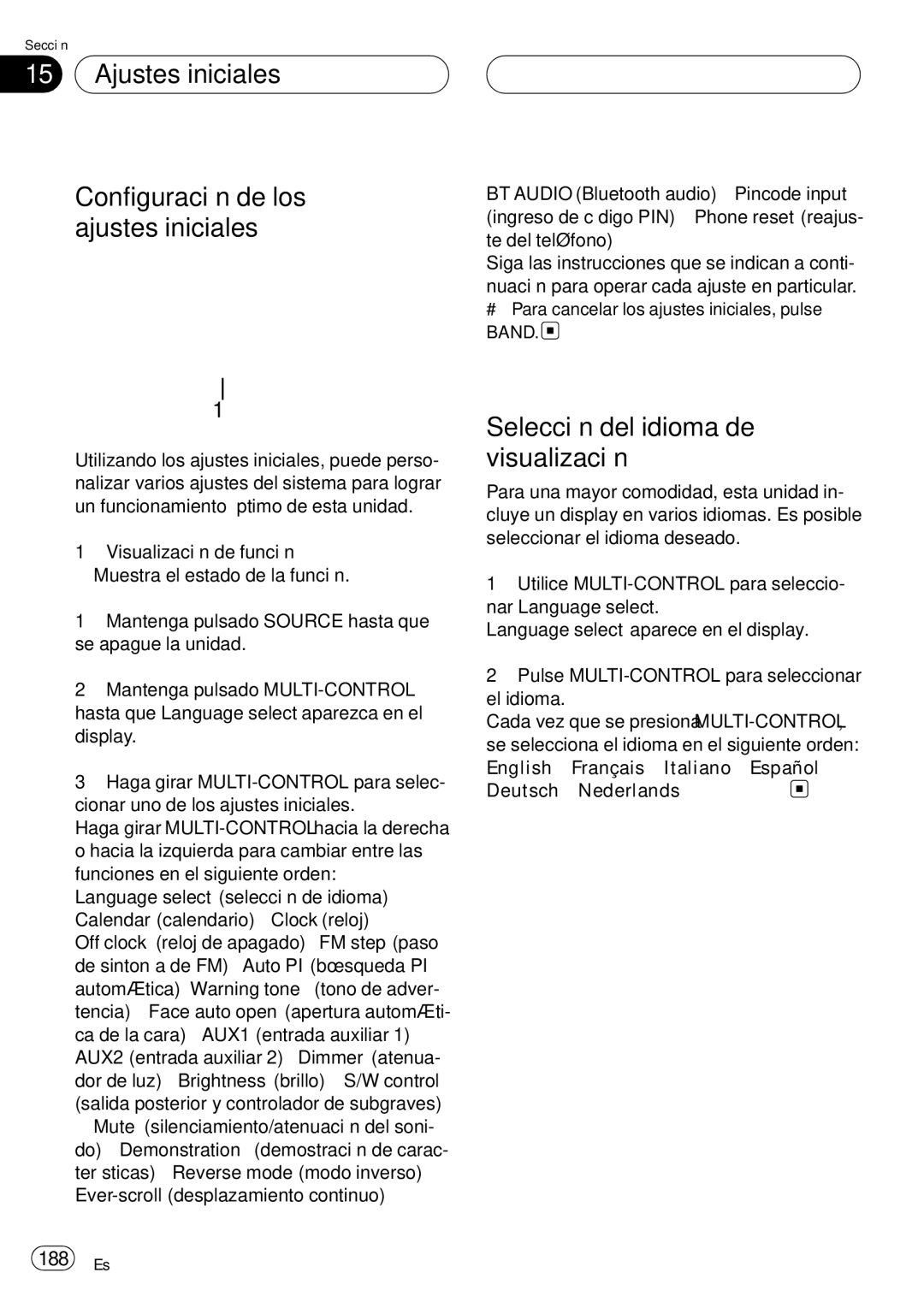 Pioneer DEH-P75BT Ajustes iniciales Configuración de los ajustes iniciales, Selección del idioma de visualización, 188 Es 