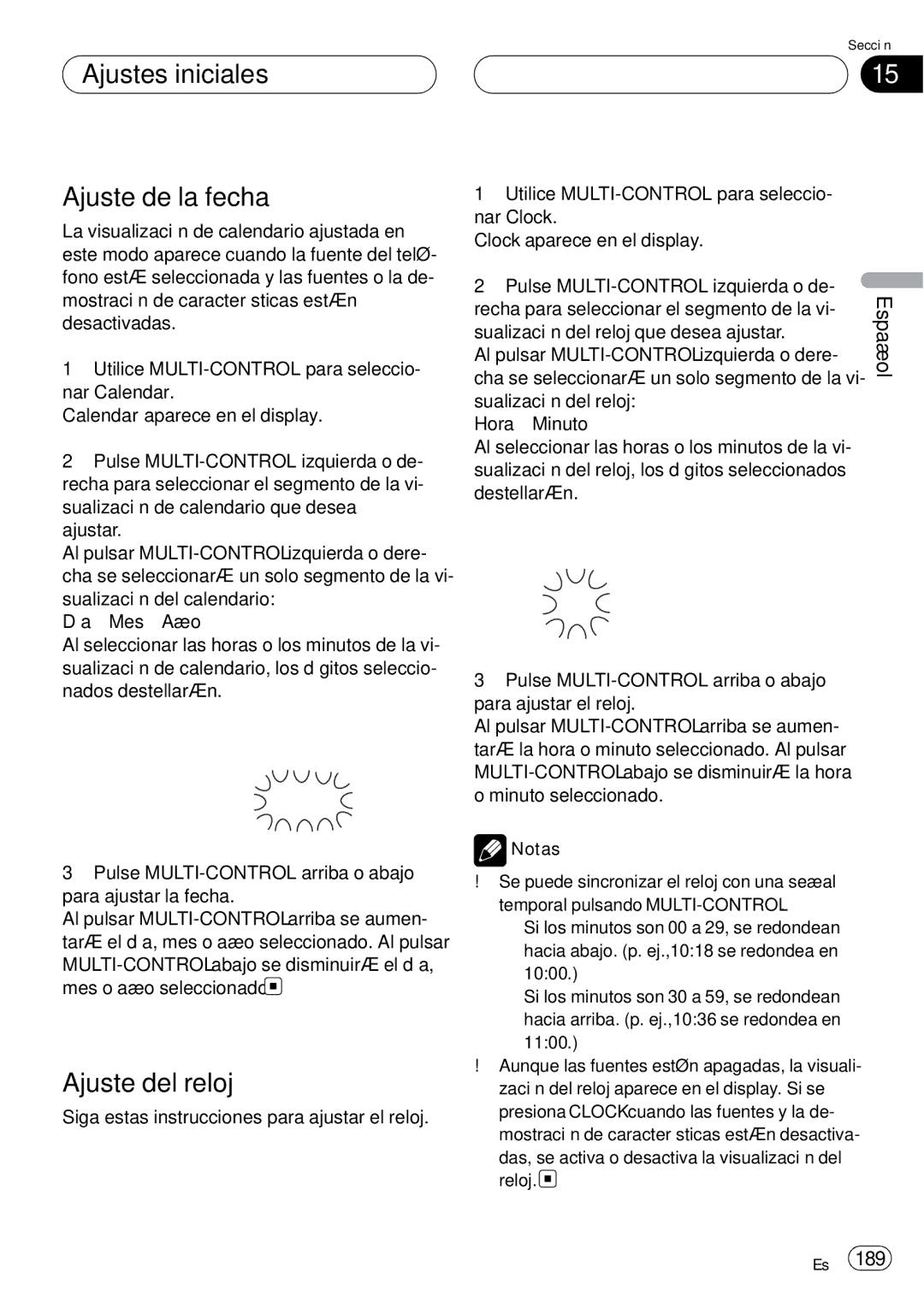 Pioneer DEH-P75BT operation manual Ajustes iniciales Ajuste de la fecha, Ajuste del reloj 