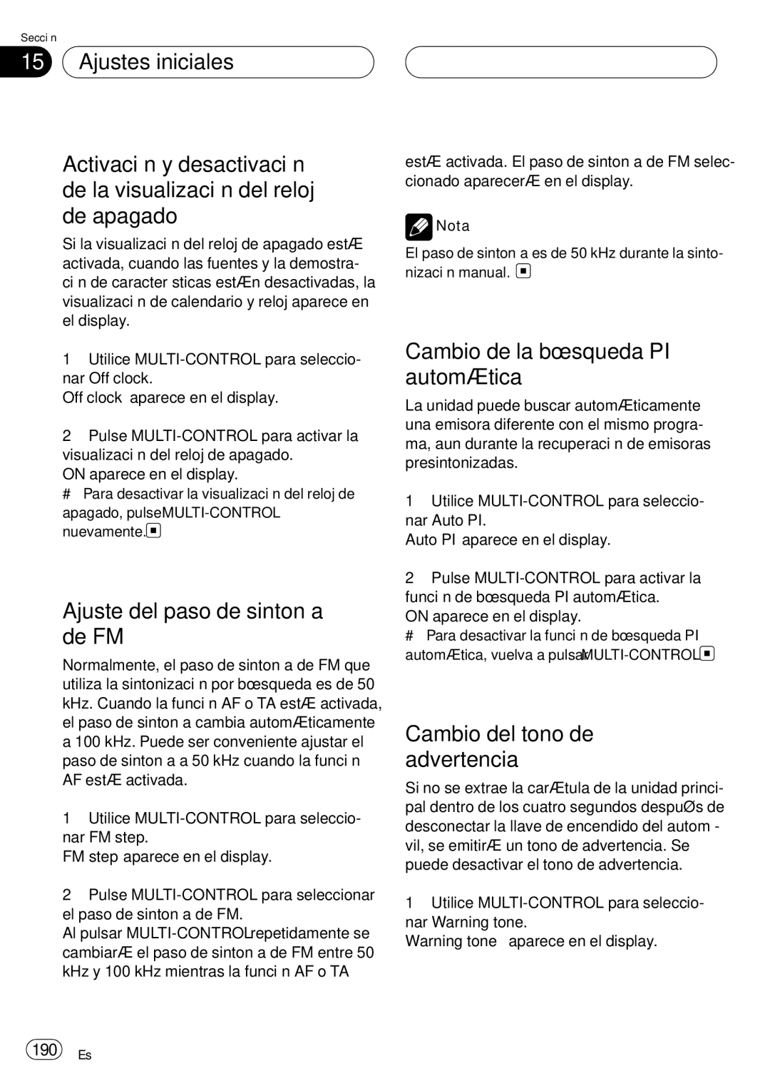 Pioneer DEH-P75BT Ajuste del paso de sintonía de FM, Cambio de la búsqueda PI automática, Cambio del tono de advertencia 