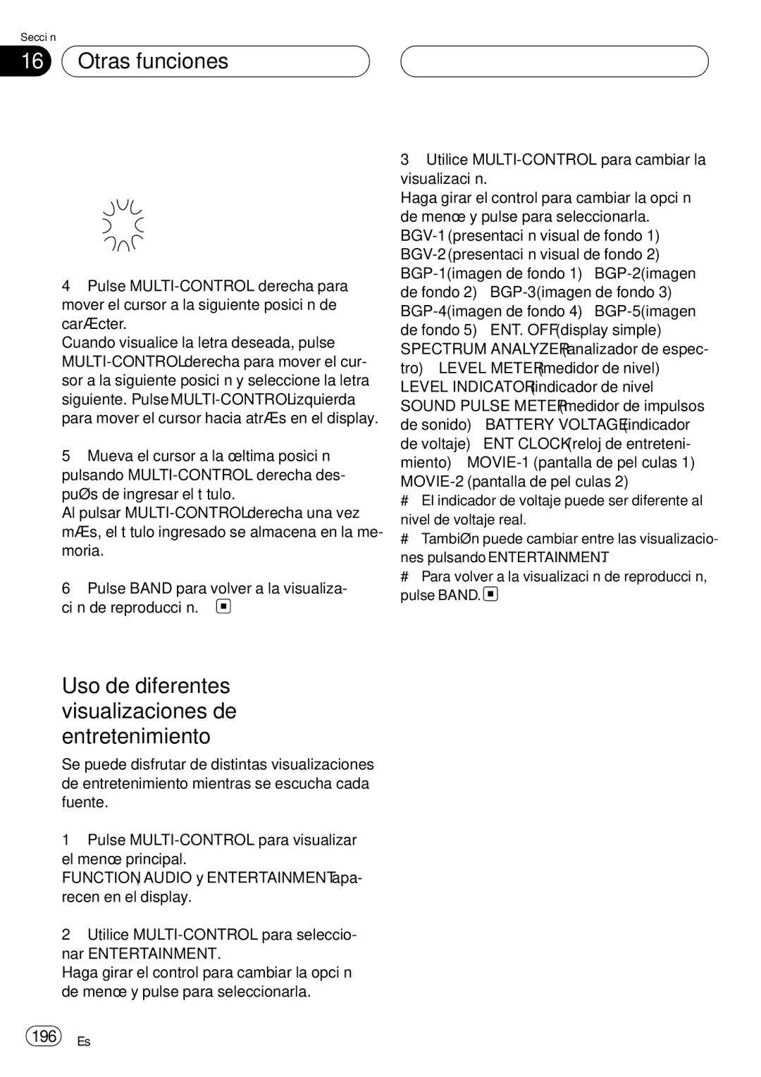 Pioneer DEH-P75BT operation manual Otras funciones, Uso de diferentes visualizaciones de entretenimiento, 196 Es 