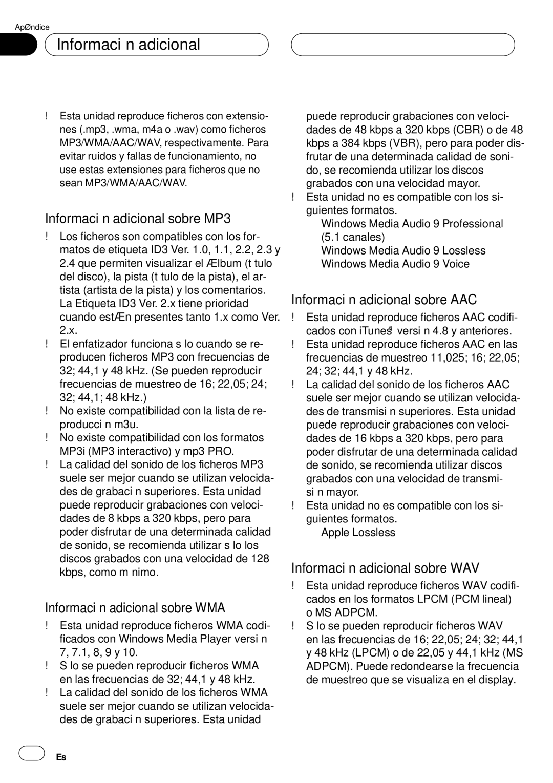 Pioneer DEH-P75BT Información adicional sobre MP3, Información adicional sobre WMA, Información adicional sobre AAC 