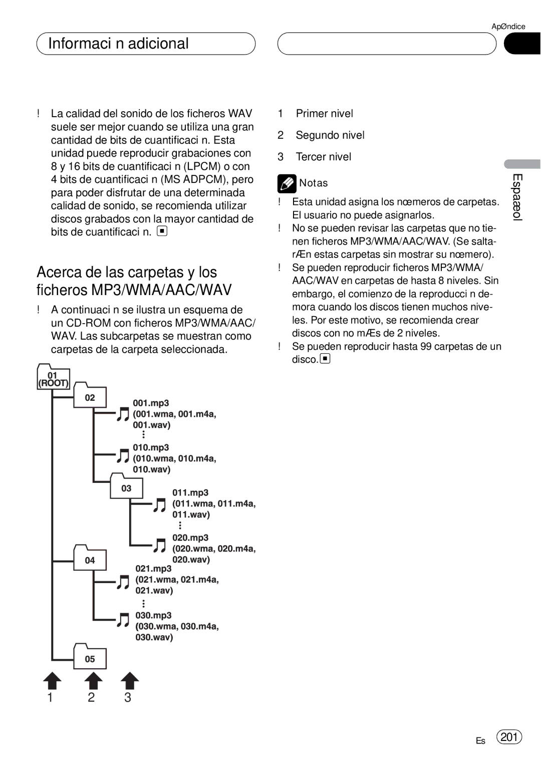 Pioneer DEH-P75BT operation manual Acerca de las carpetas y los ficheros MP3/WMA/AAC/WAV 