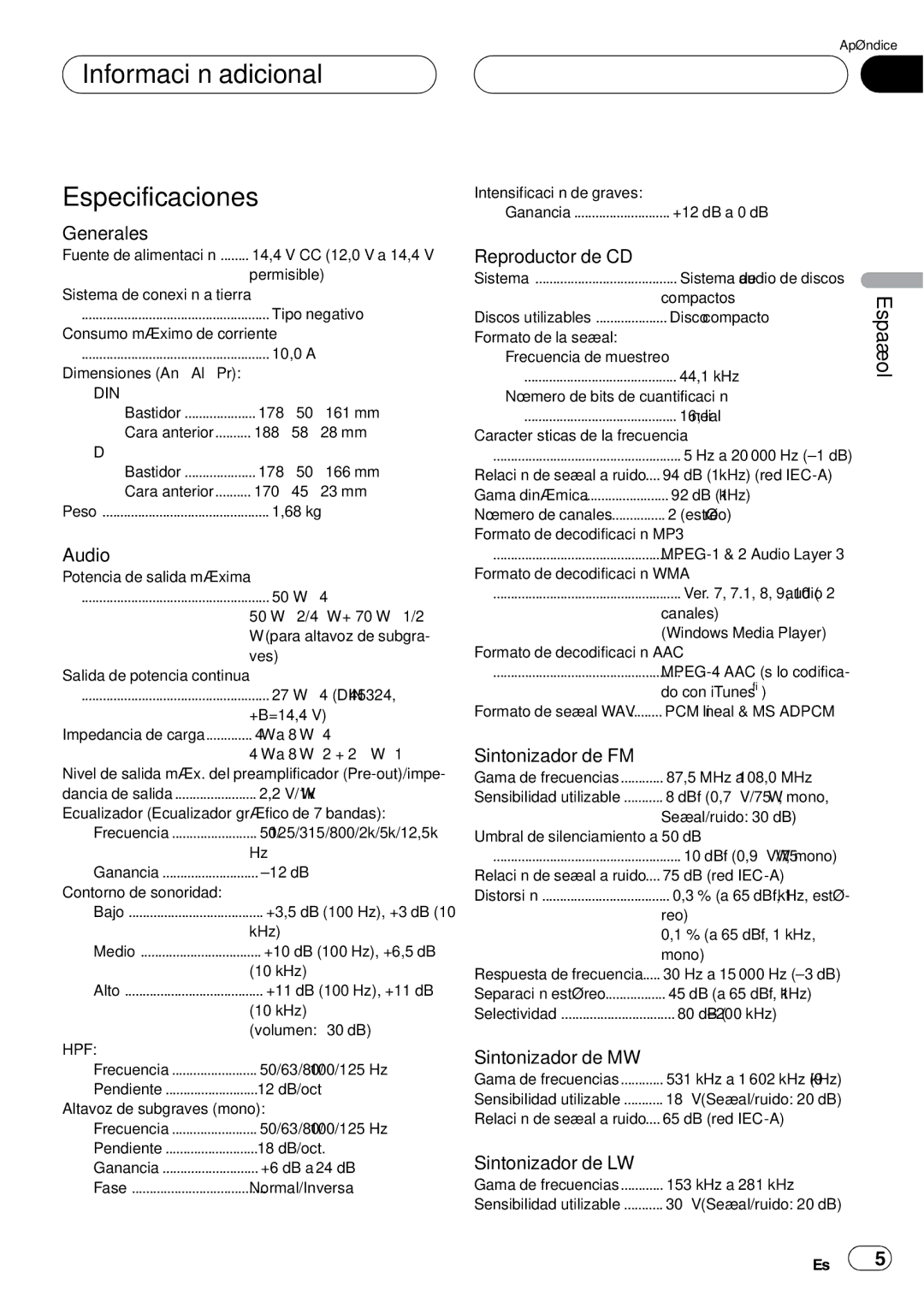 Pioneer DEH-P75BT operation manual Información adicional Especificaciones, Generales 