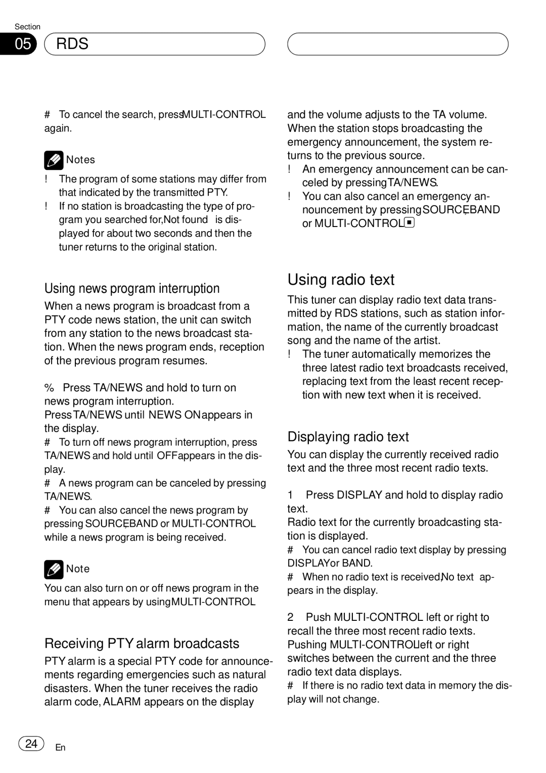 Pioneer DEH-P75BT Using radio text, Using news program interruption, Receiving PTY alarm broadcasts, Displaying radio text 