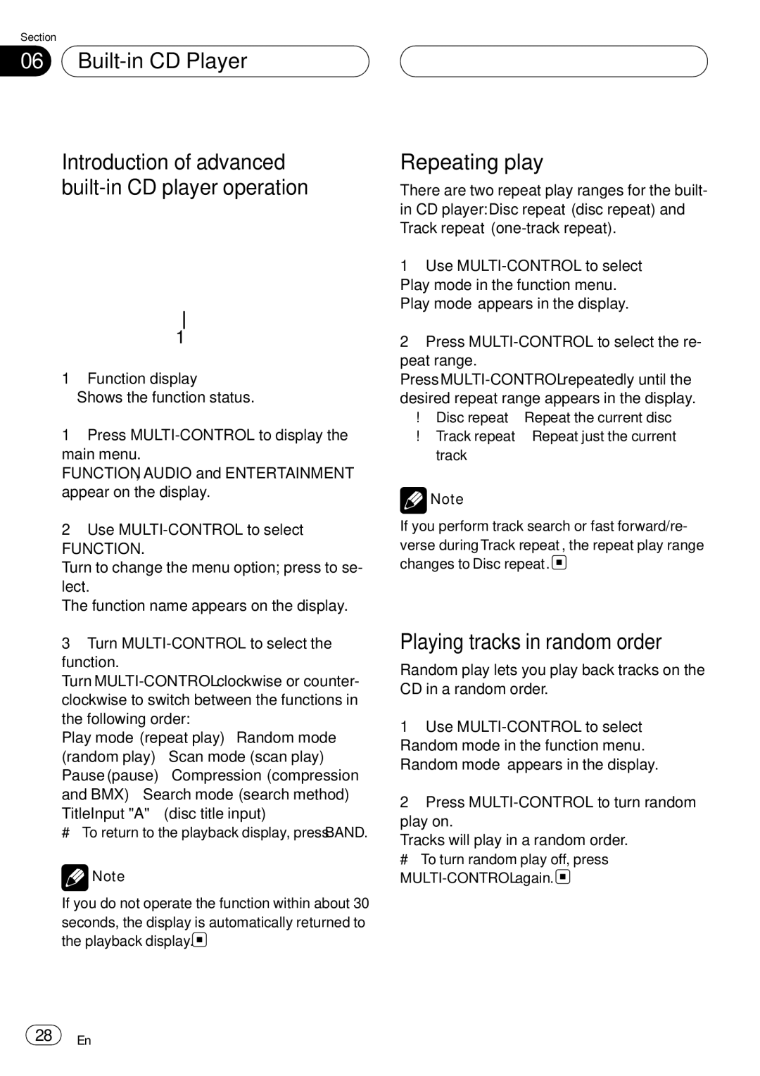 Pioneer DEH-P75BT operation manual Repeating play, Playing tracks in random order 