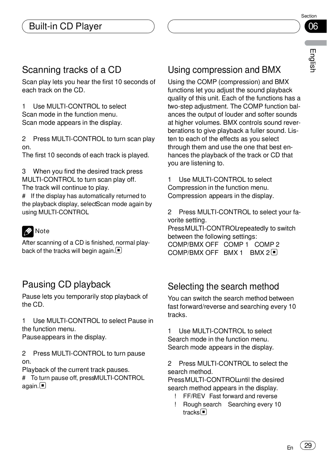 Pioneer DEH-P75BT Built-in CD Player Scanning tracks of a CD, Using compression and BMX, Pausing CD playback 