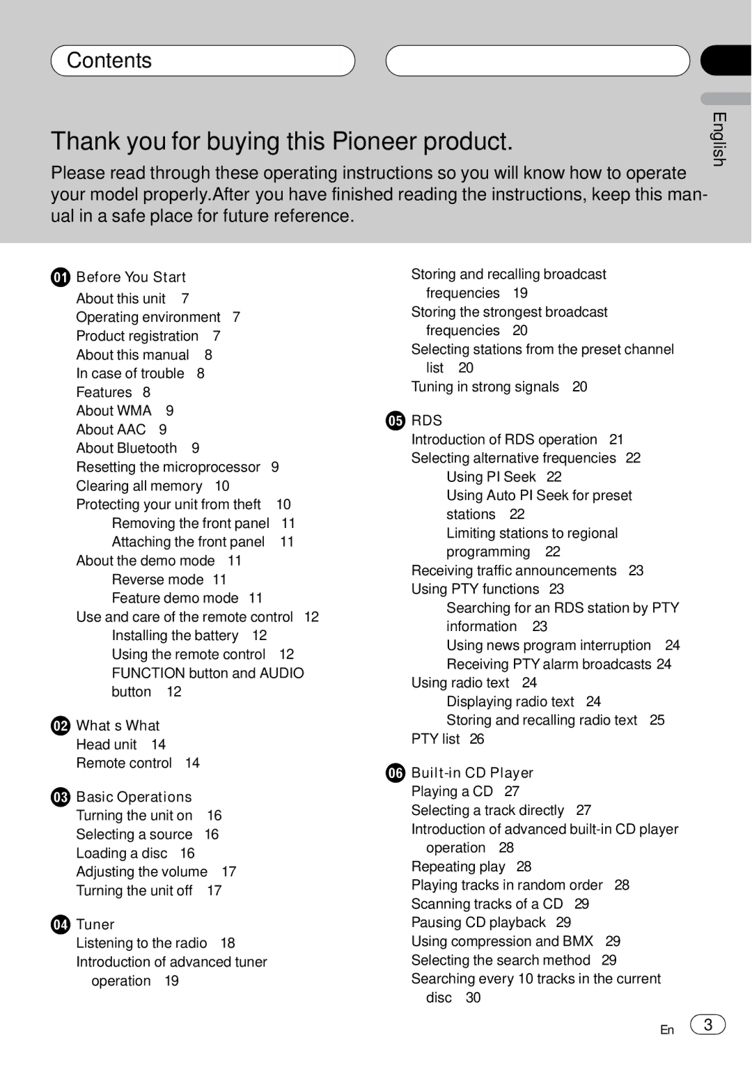 Pioneer DEH-P75BT operation manual Contents, Rds 