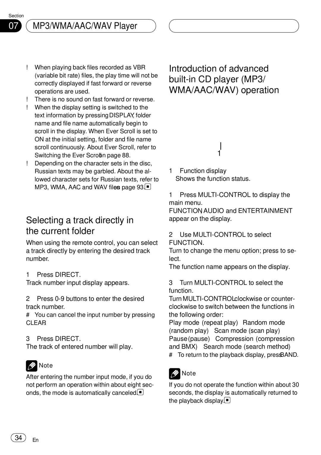 Pioneer DEH-P75BT operation manual 07 MP3/WMA/AAC/WAV Player, Selecting a track directly in the current folder 