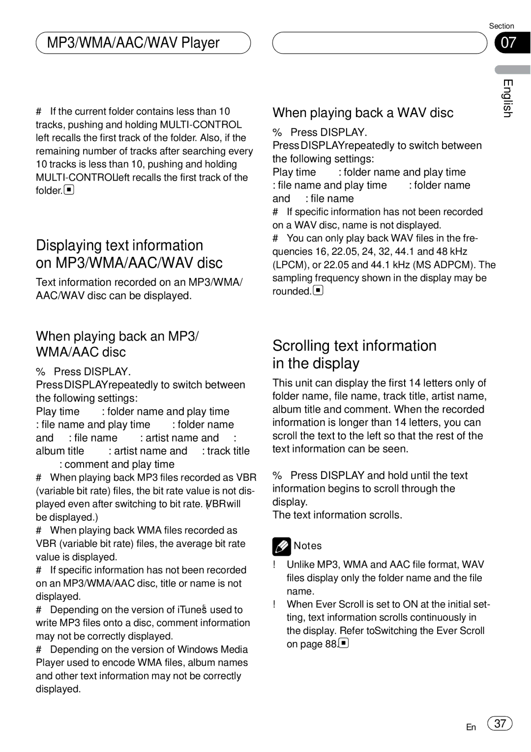 Pioneer DEH-P75BT operation manual MP3/WMA/AAC/WAV Player, Displaying text information on MP3/WMA/AAC/WAV disc 