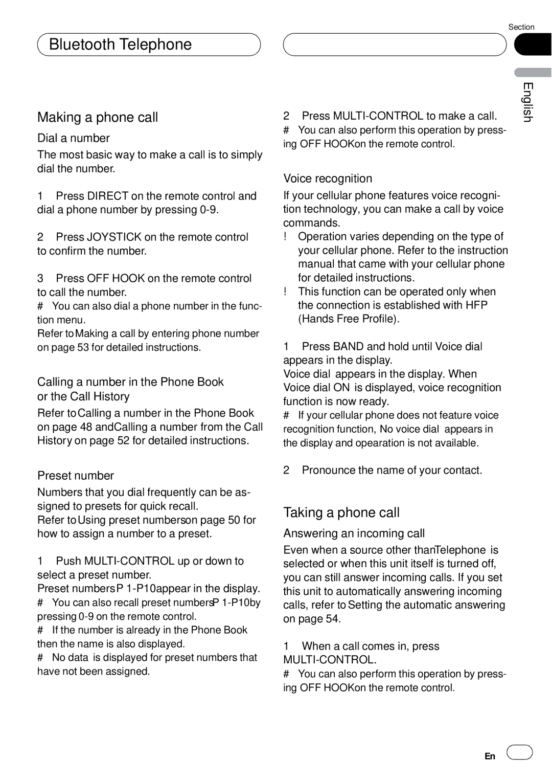 Pioneer DEH-P75BT operation manual Making a phone call, Taking a phone call 