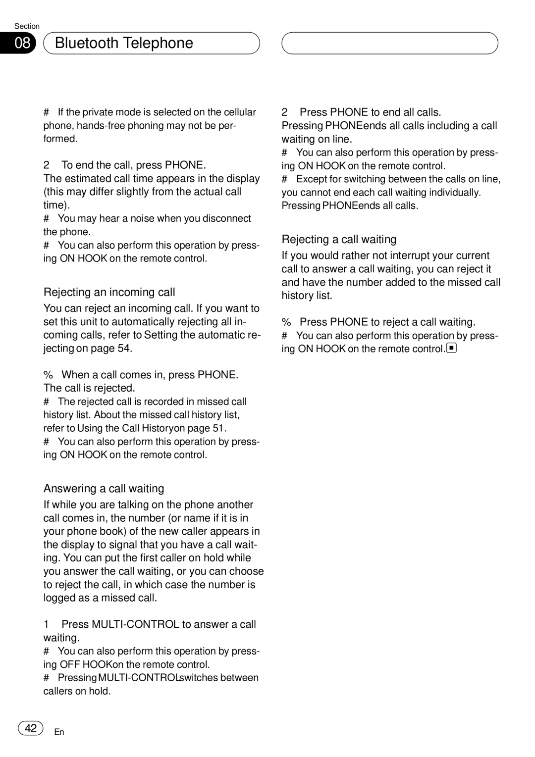 Pioneer DEH-P75BT operation manual Rejecting an incoming call, Answering a call waiting, Rejecting a call waiting 