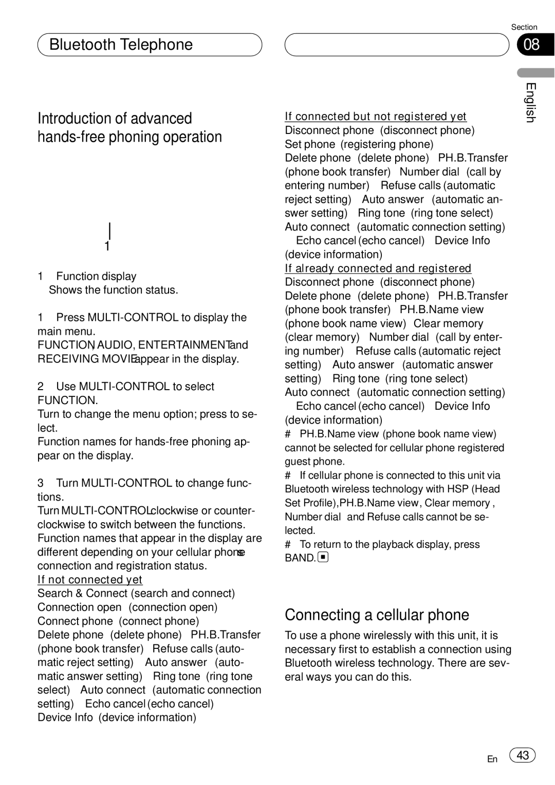 Pioneer DEH-P75BT operation manual Connecting a cellular phone, Function 