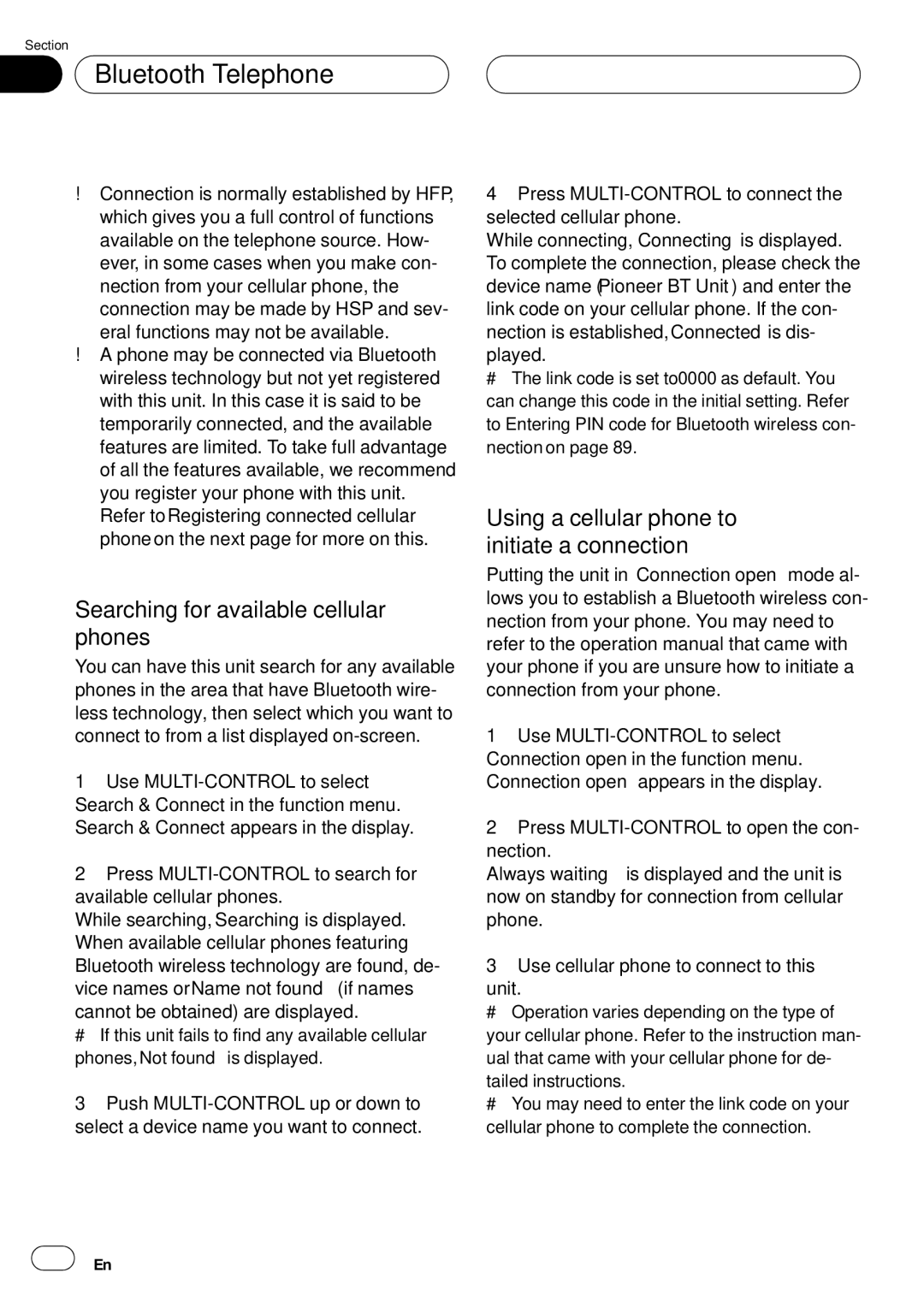 Pioneer DEH-P75BT operation manual Searching for available cellular phones, Using a cellular phone to initiate a connection 