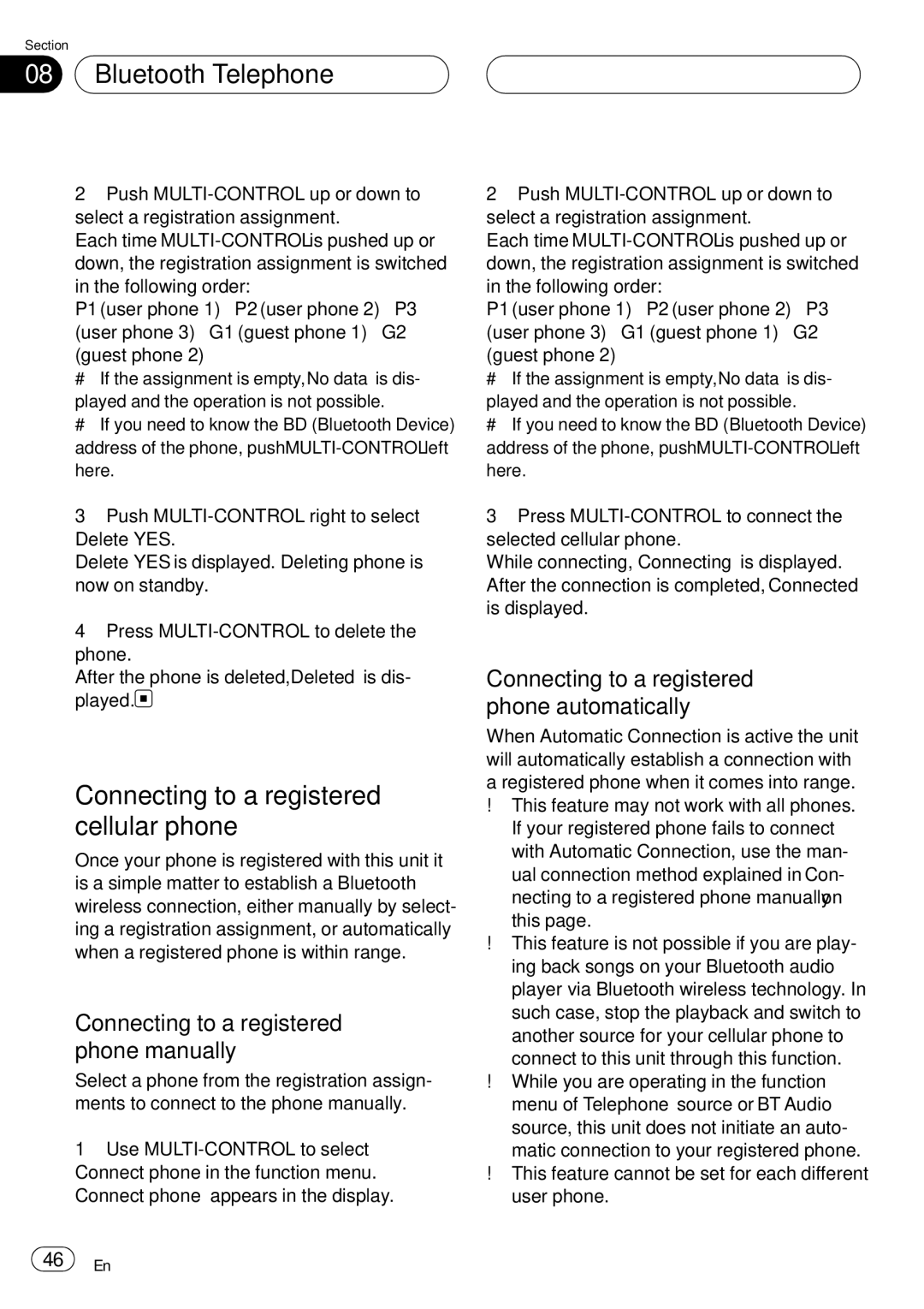 Pioneer DEH-P75BT operation manual Connecting to a registered cellular phone, Connecting to a registered phone manually 