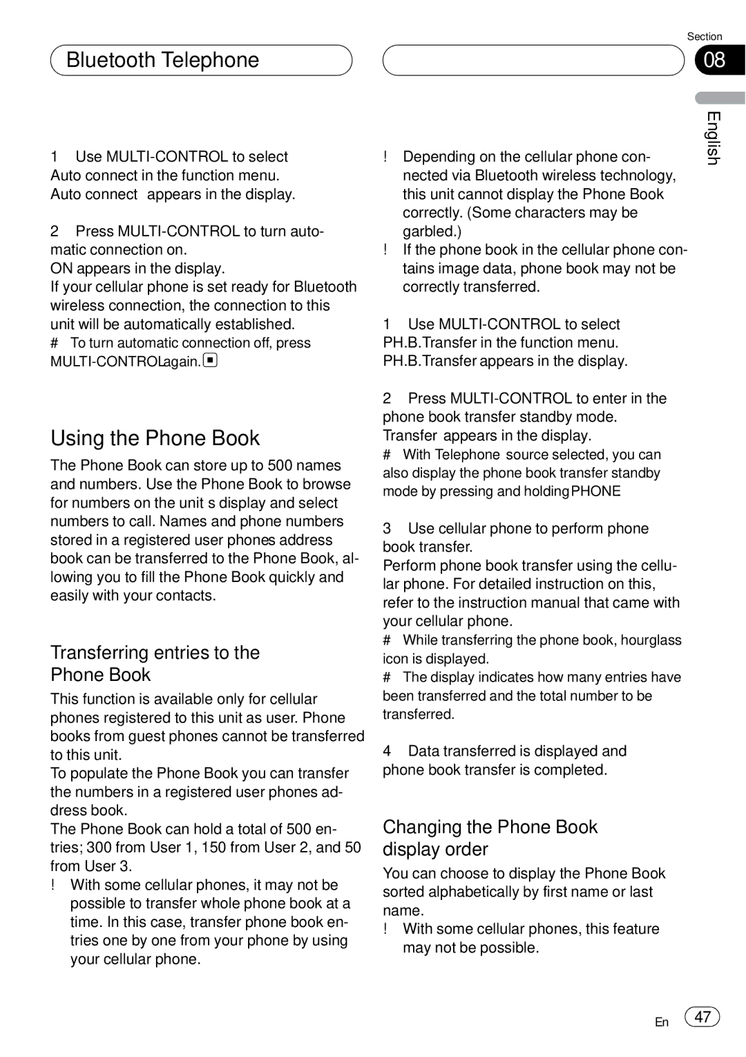 Pioneer DEH-P75BT Using the Phone Book, Transferring entries to the Phone Book, Changing the Phone Book display order 