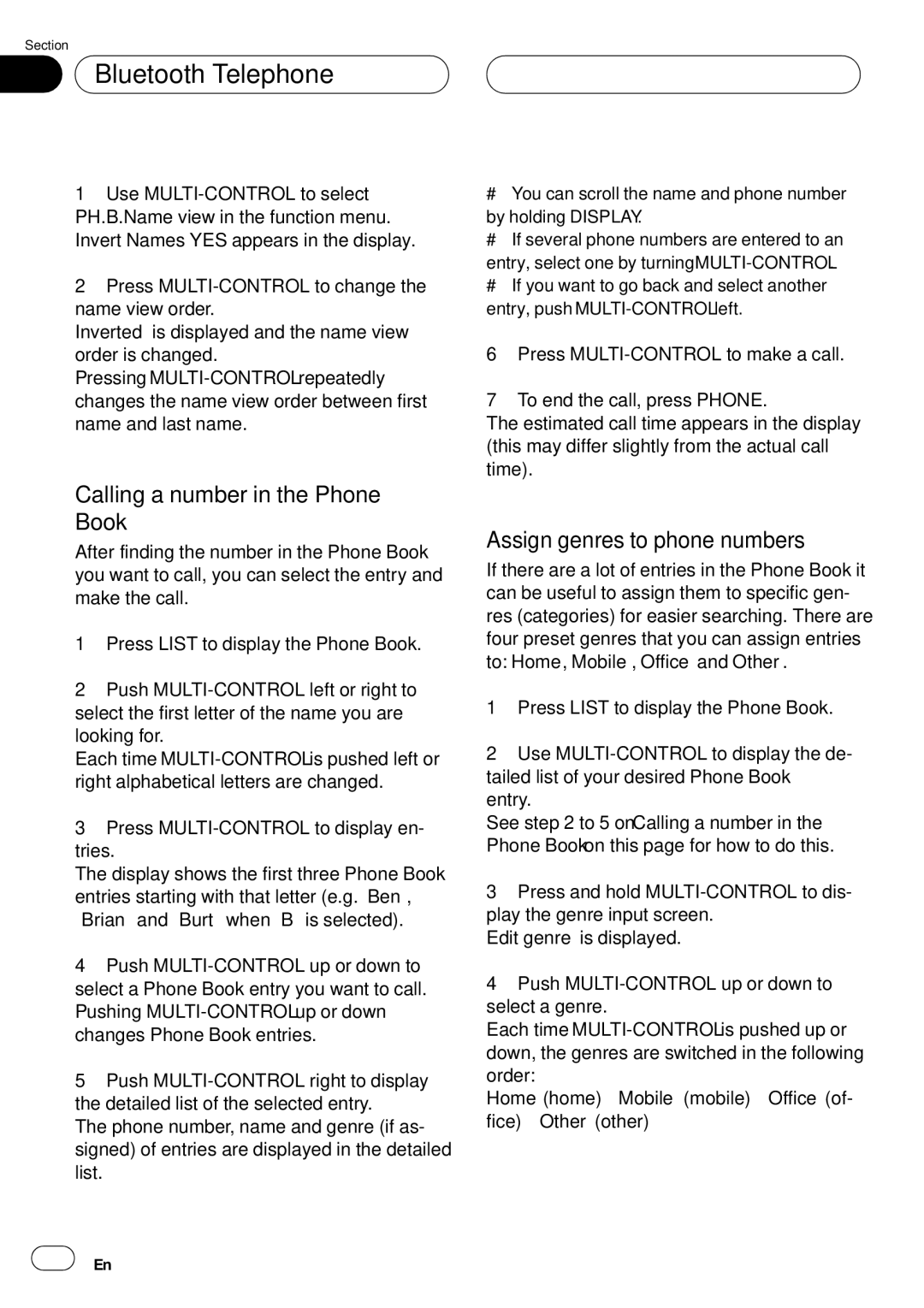 Pioneer DEH-P75BT operation manual Calling a number in the Phone Book, Assign genres to phone numbers 